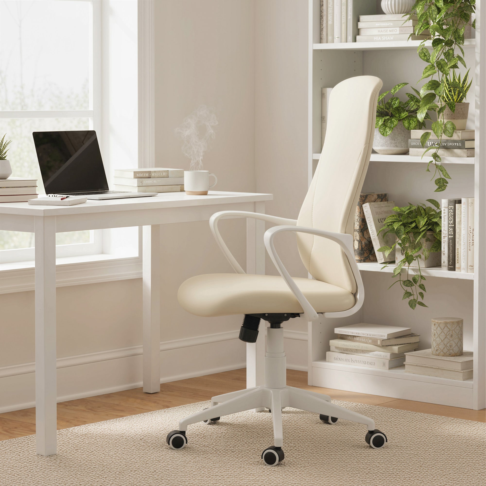Swivel Office Chair – Adjustable Height, Tilting Function, Padded High Back & Fixed Armrests, Beige (24.4×22.0×43.3–47.0 in)
