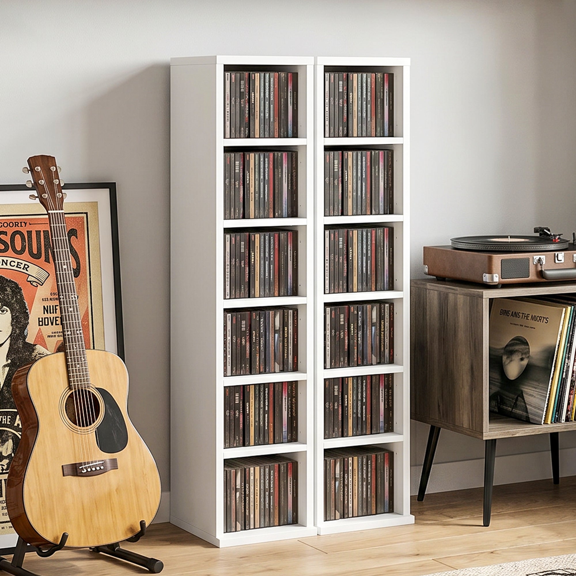 2-Pack Stackable CD, DVD & Blu-ray Shelf - 6 Adjustable Compartments, Media Storage Display, 21 x 22.5 x 88.5 cm, White