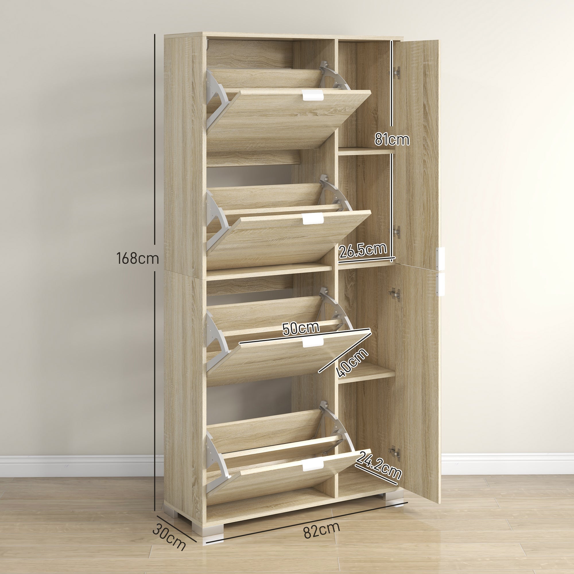 Shoe Cabinet with Mirror for 16 Pairs of Shoes, 4 Flip-up Drawers and 2 Compartments with Adjustable Shelf, 82x30x168cm, Oak