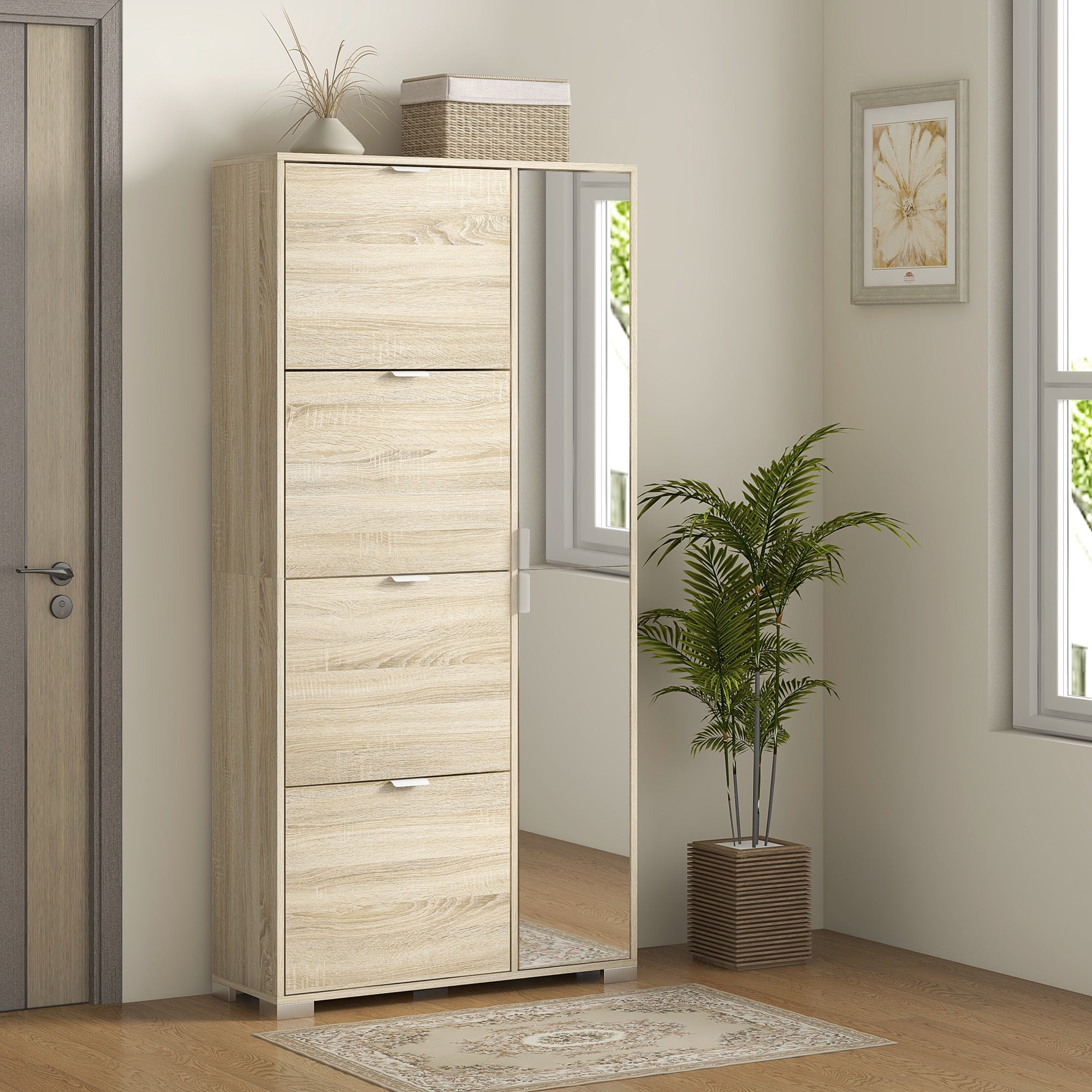 Shoe Cabinet with Mirror for 16 Pairs of Shoes, 4 Flip-up Drawers and 2 Compartments with Adjustable Shelf, 82x30x168cm, Oak