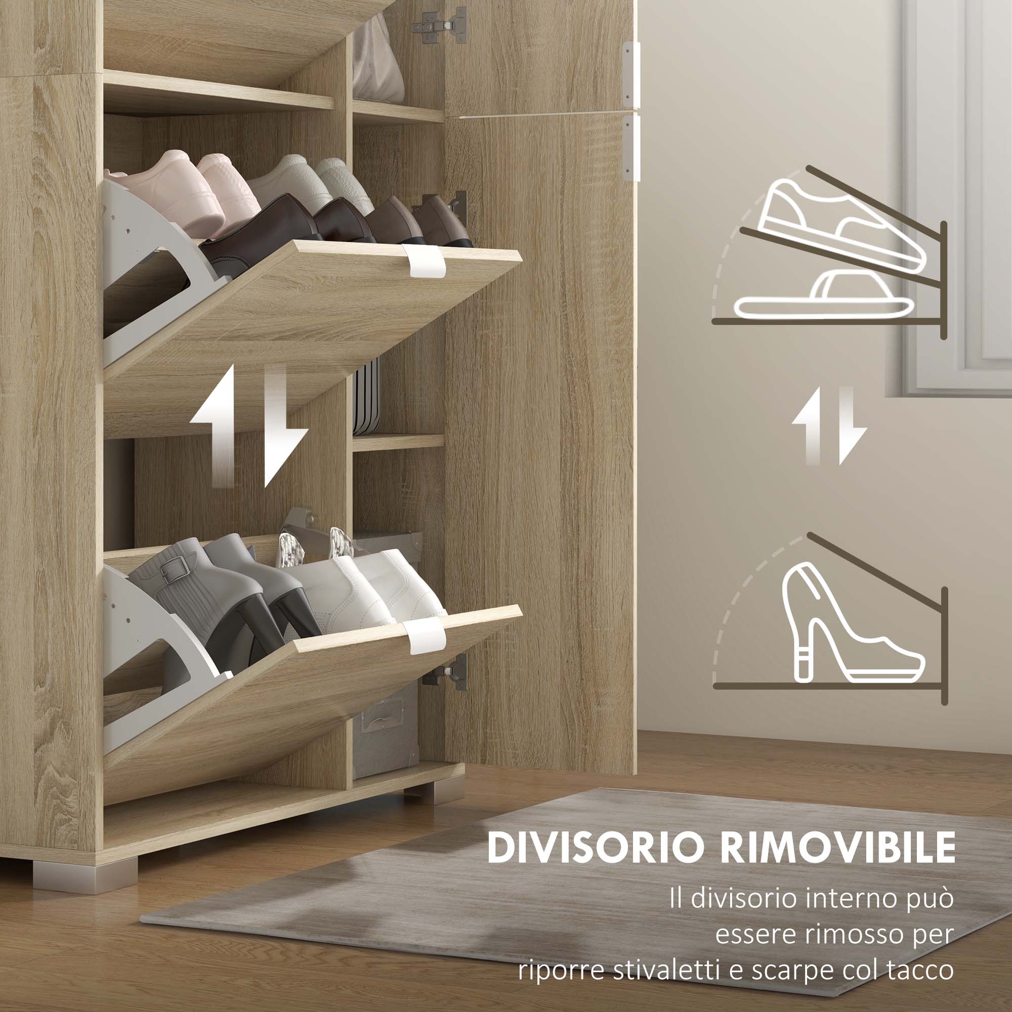 Shoe Cabinet with Mirror for 16 Pairs of Shoes, 4 Flip-up Drawers and 2 Compartments with Adjustable Shelf, 82x30x168cm, Oak