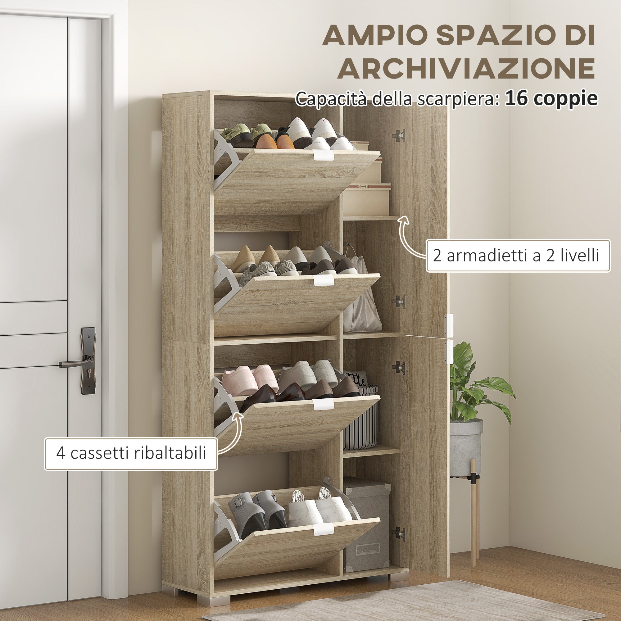 Shoe Cabinet with Mirror for 16 Pairs of Shoes, 4 Flip-up Drawers and 2 Compartments with Adjustable Shelf, 82x30x168cm, Oak