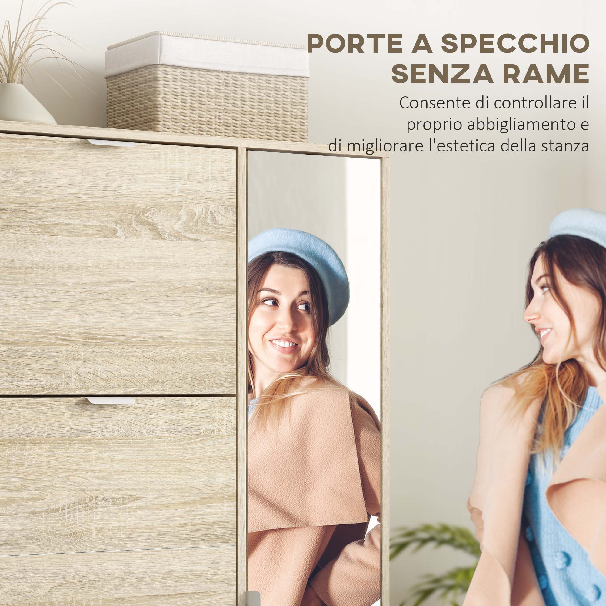 Shoe Cabinet with Mirror for 16 Pairs of Shoes, 4 Flip-up Drawers and 2 Compartments with Adjustable Shelf, 82x30x168cm, Oak