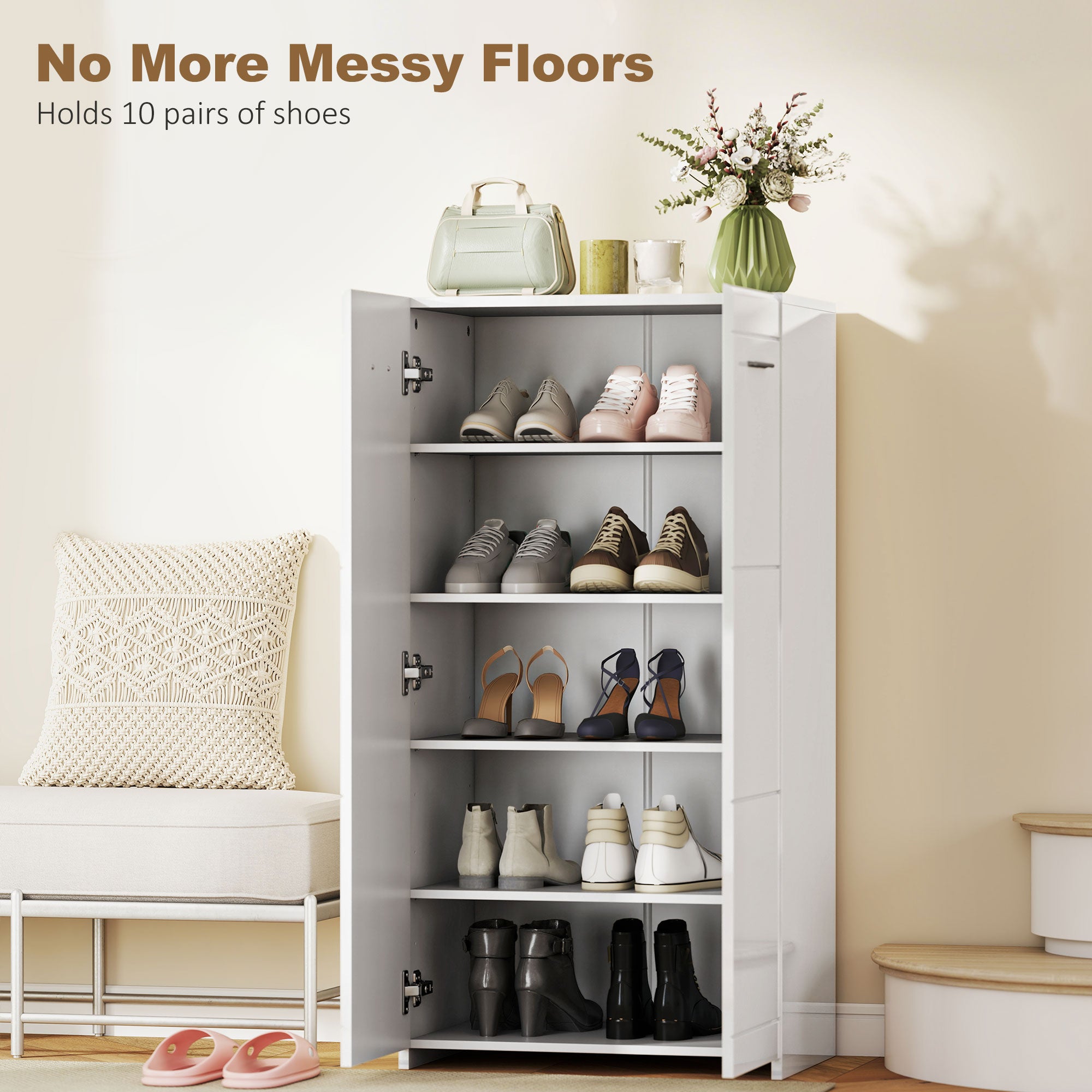 Shoe Cabinet, 2-Door 5-Tier Shoe Storage with Adjustable Shelves, Holds 10 Pairs, High-Gloss White, 21.7 x 14.2 x 42.5 in (55 x 36 x 108 cm)