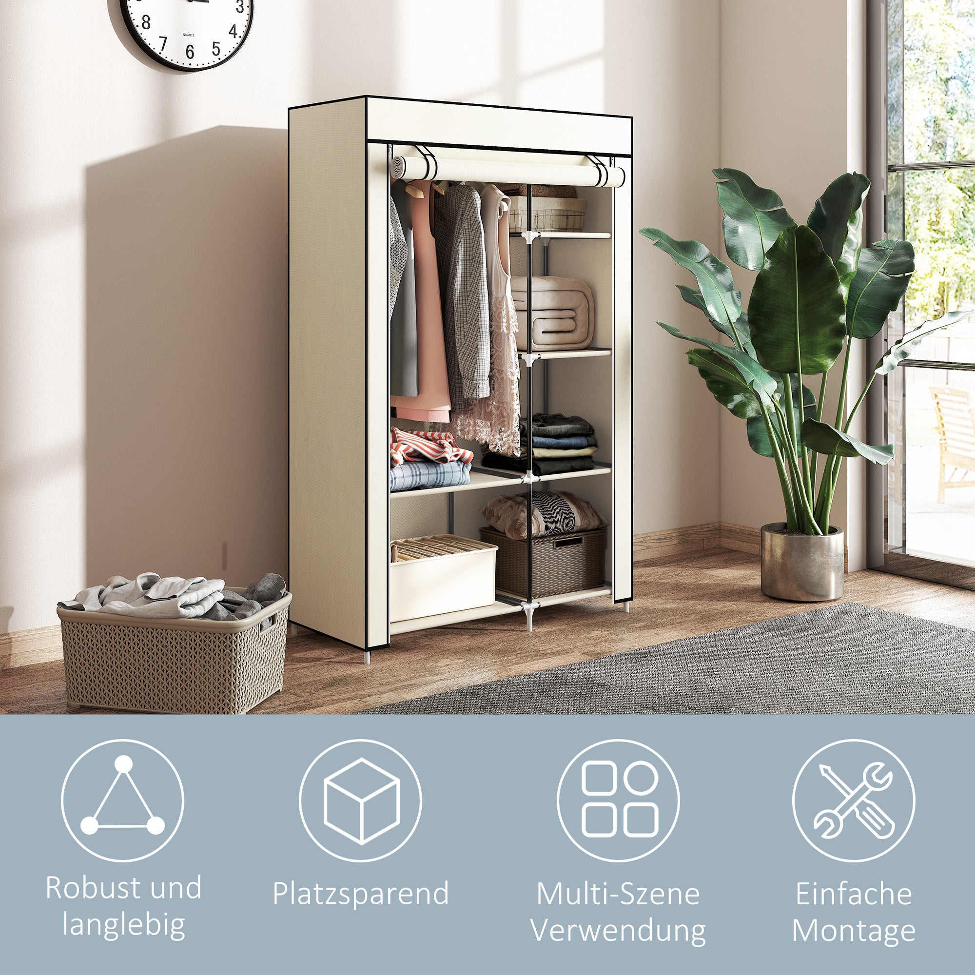 Wardrobe Fabric Wardrobe with 6 Shelves, Clothes Rail, Zipper Folding Cabinet for Dressing Room Bedroom, 103 x 43 x 162.5 cm, Cream