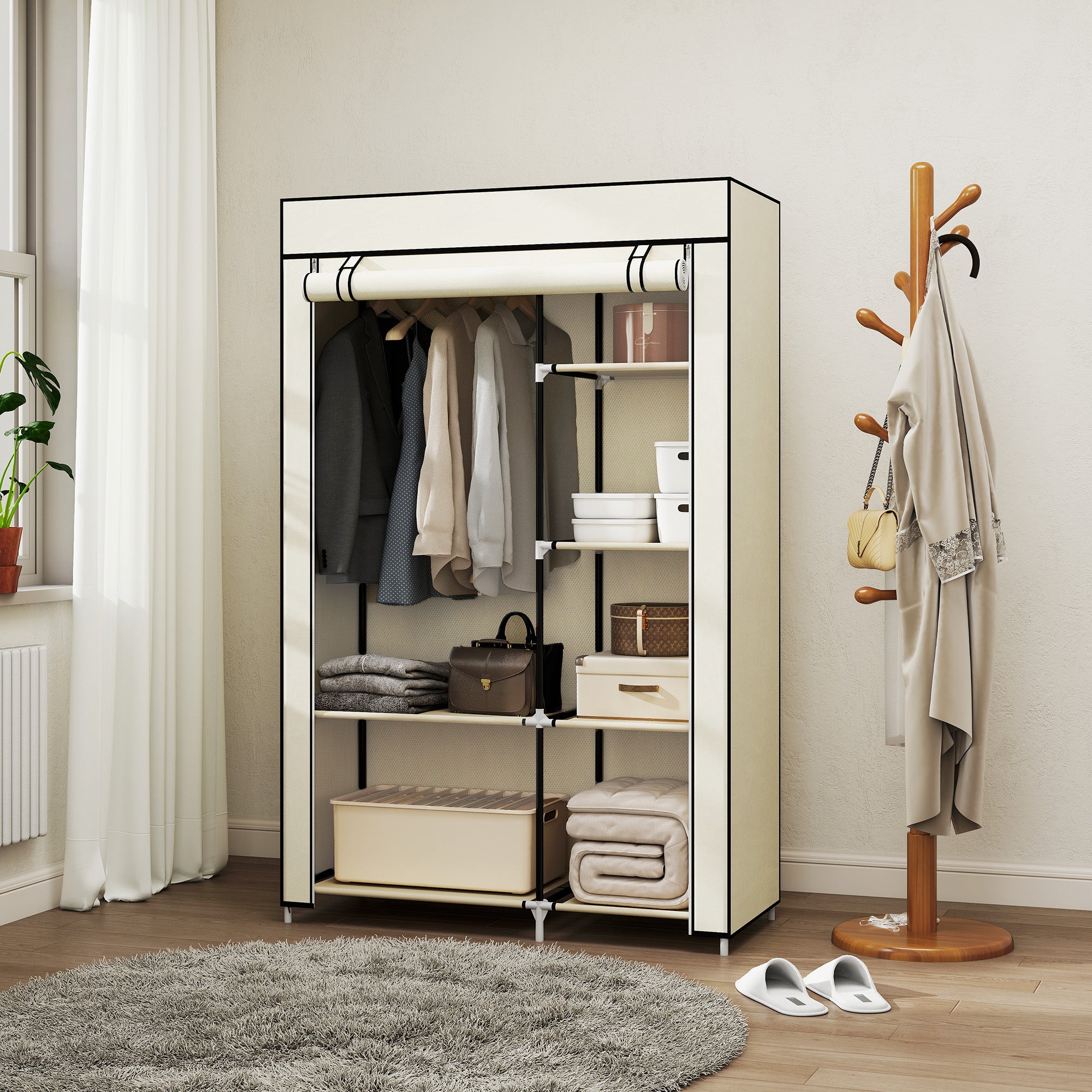 Wardrobe Fabric Wardrobe with 6 Shelves, Clothes Rail, Zipper Folding Cabinet for Dressing Room Bedroom, 103 x 43 x 162.5 cm, Cream