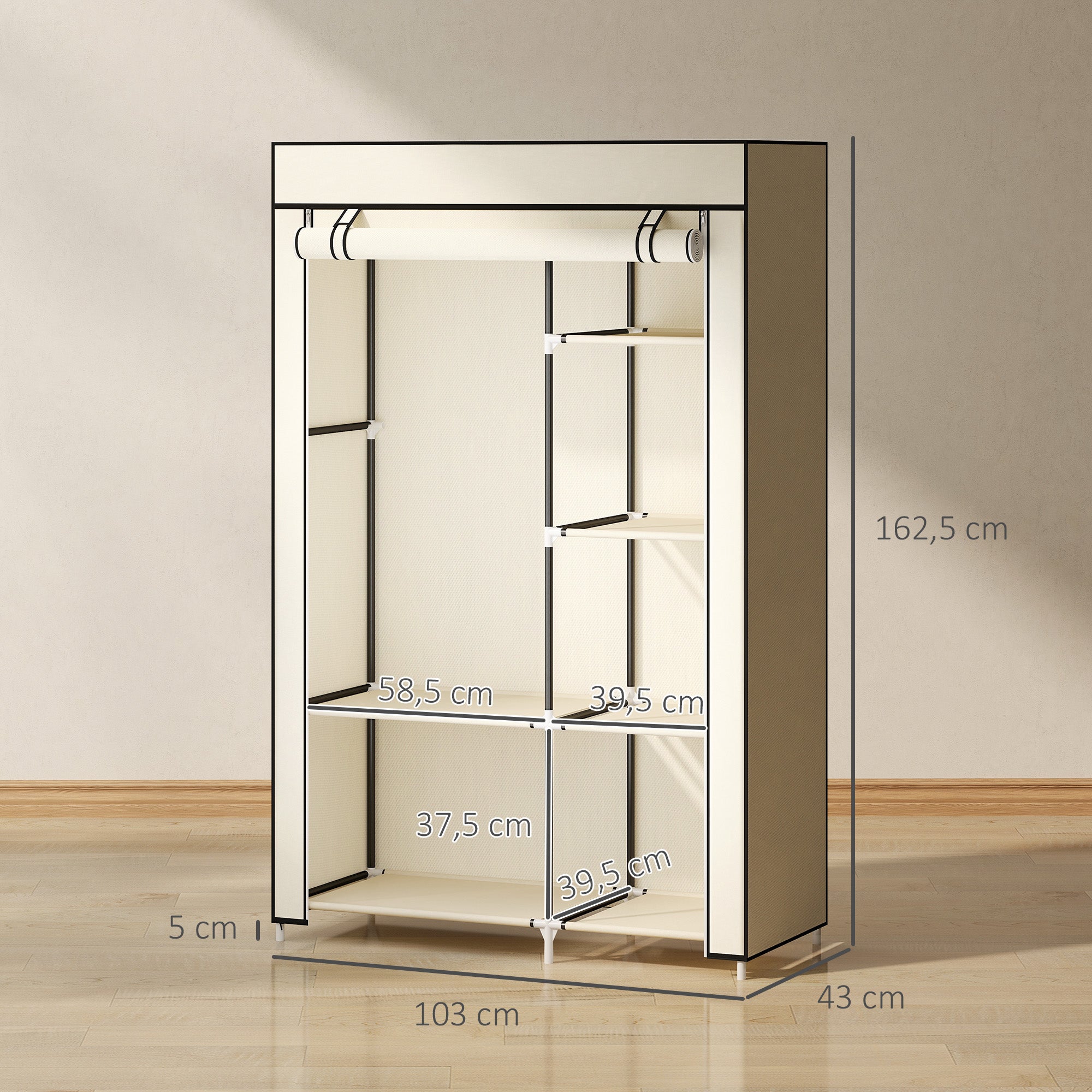 Wardrobe Fabric Wardrobe with 6 Shelves, Clothes Rail, Zipper Folding Cabinet for Dressing Room Bedroom, 103 x 43 x 162.5 cm, Cream