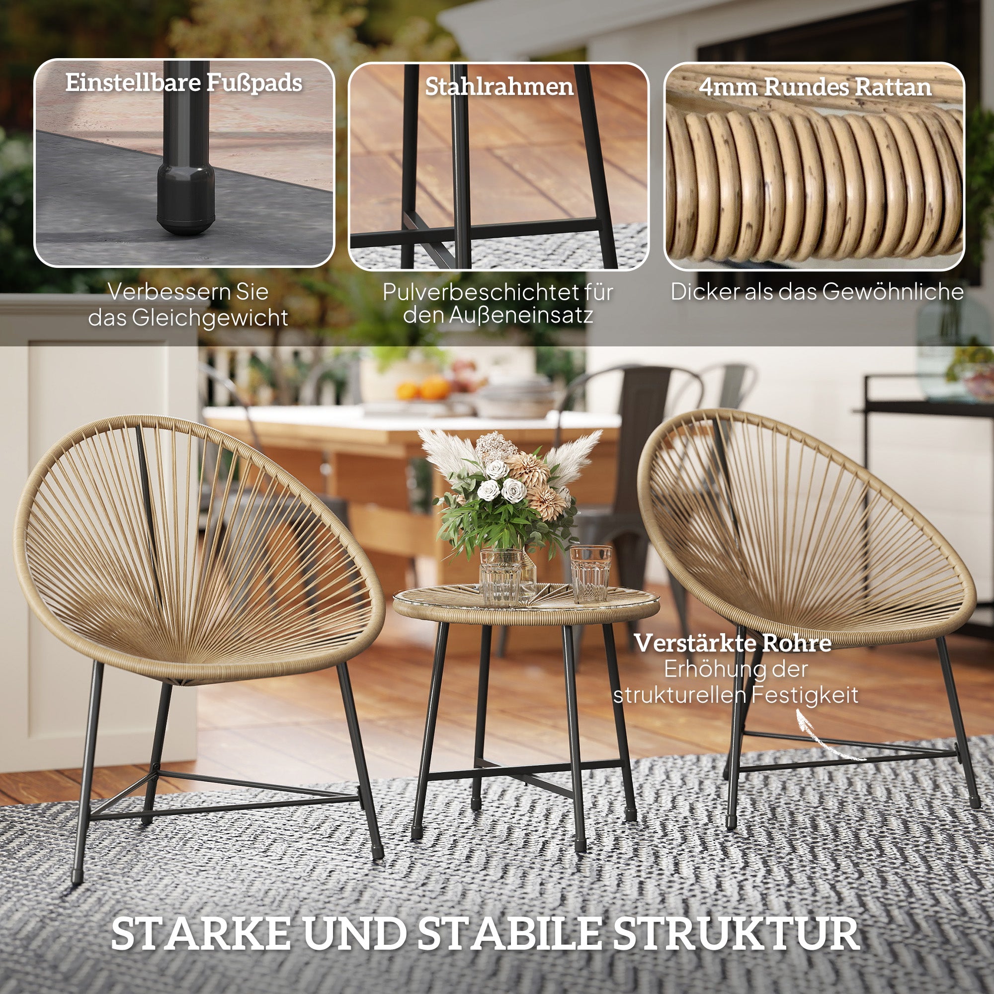 Poly Rattan Garden Furniture Set, Outdoor Lounge Balcony Furniture for 2 Persons, 3-piece Seating Group with 2 Chairs, Table, Weatherproof Garden Lounge for Garden, Terrace Balcony, Natural Wood