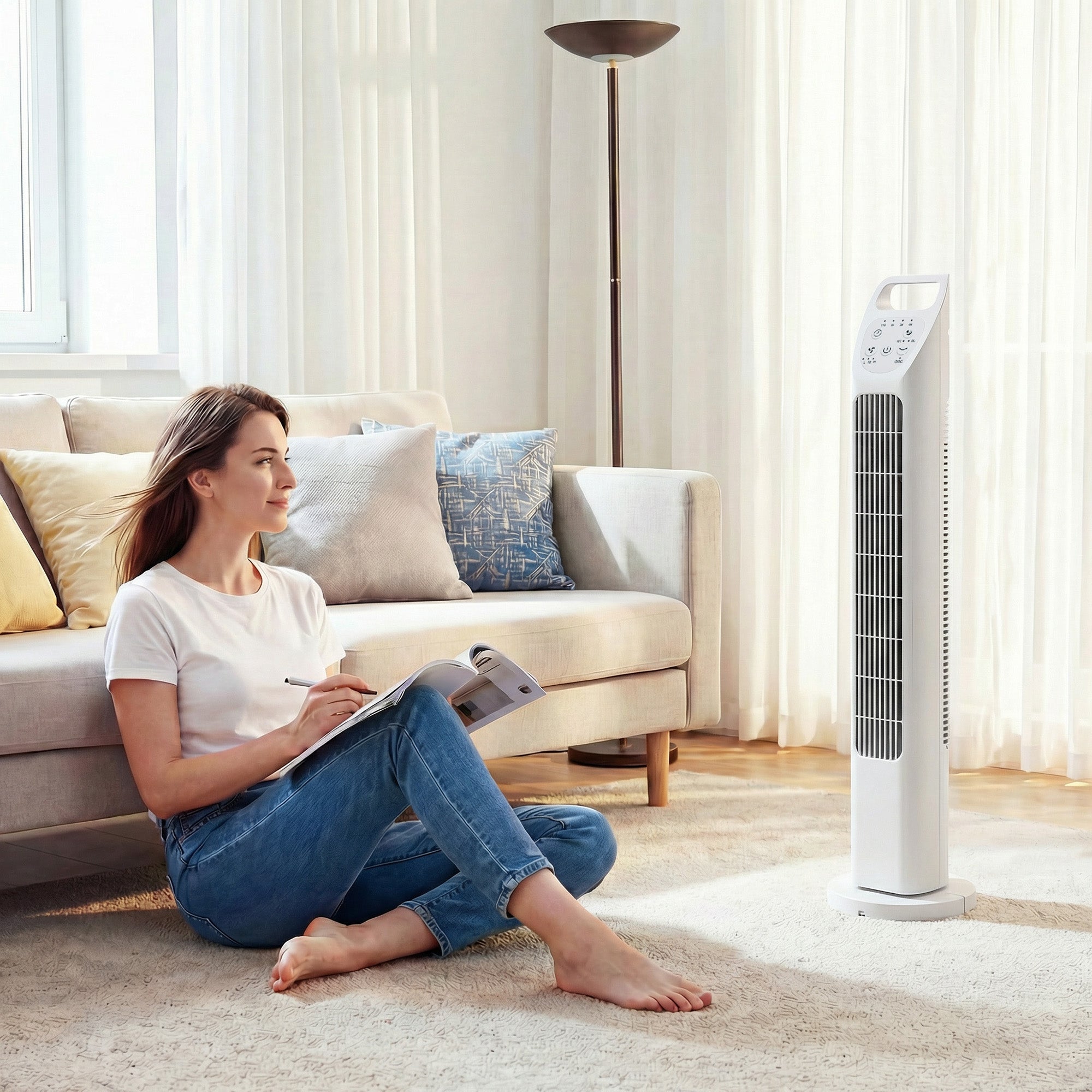Tower Fan with Remote, 75° Oscillation, 3 Speeds, 3 Modes, 7.5-Hour Timer, Quiet Bladeless Fan for Bedroom & Office, White