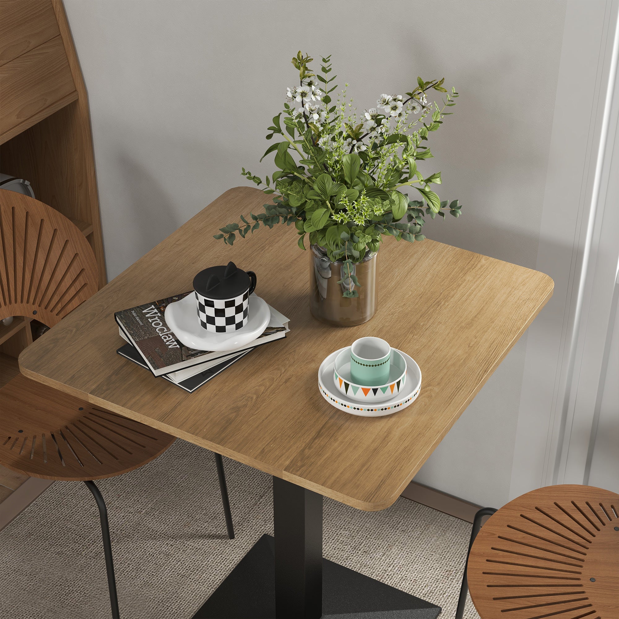 28 in Square Dining Table for 2 — Wood‑Look Top & Black Steel Base, Small Modern Kitchen Table, Dark Brown