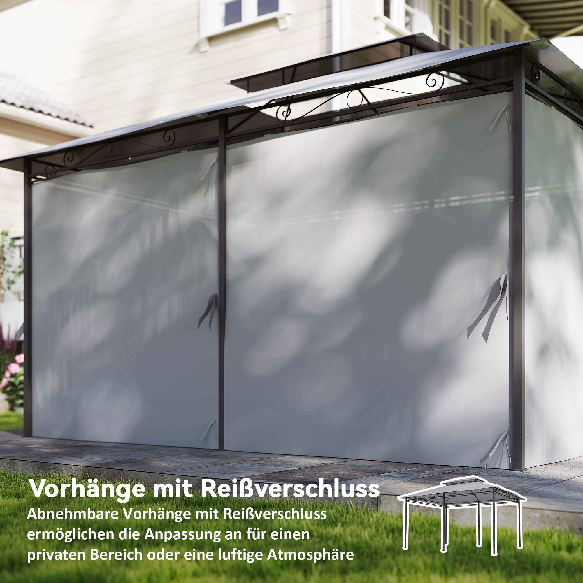 Gazebo 4 x 3 m (13 x 10 ft) — Water-Resistant, Sturdy Metal Pavilion with Double Roof and 6 Side Panels, Dark Gray