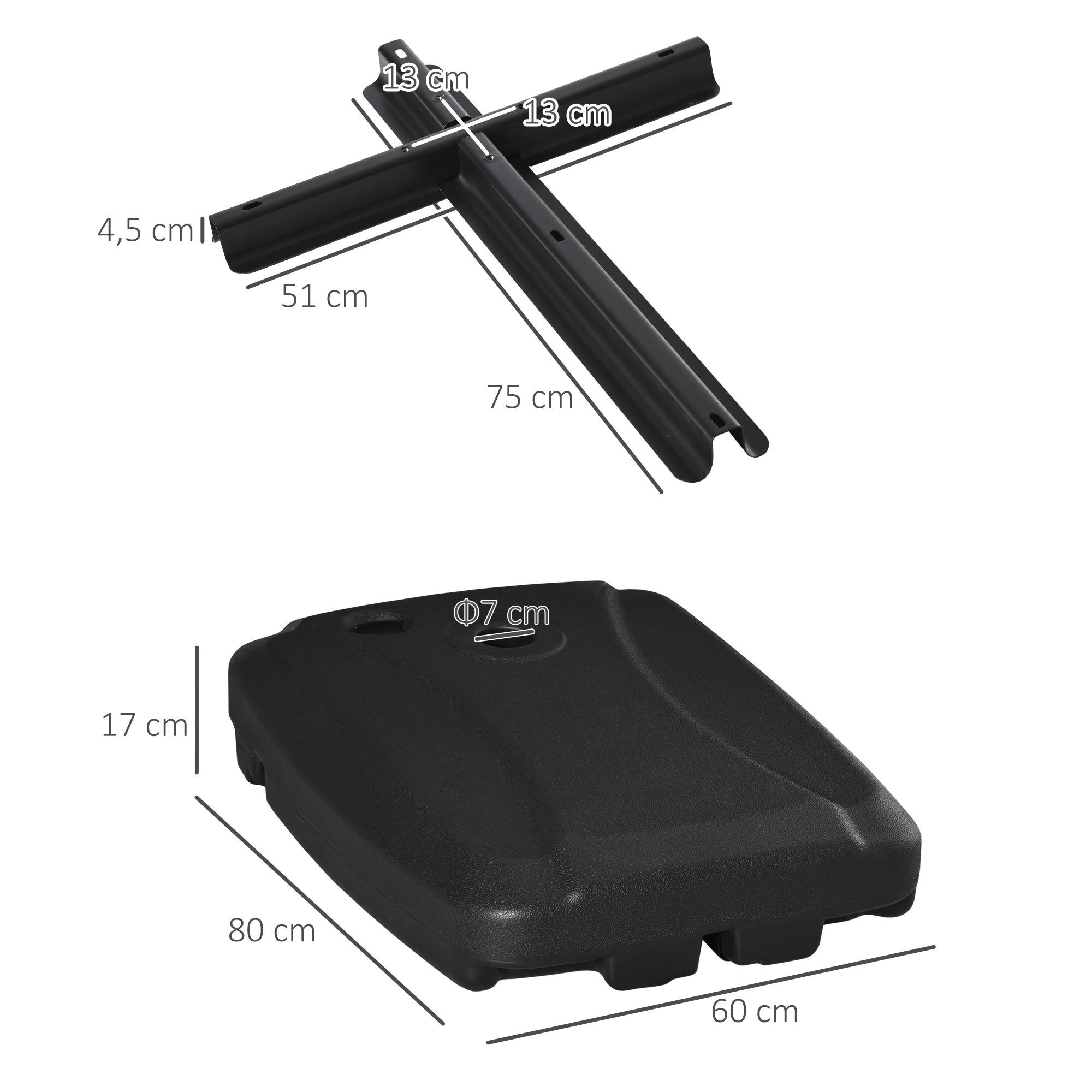 Umbrella Base with 2 Wheels Filled with Water 60 kg Sand 68 kg or Mixed 75 kg Umbrella Stand for Cross Base for Garden Patio Terrace 80x60x17 cm Black