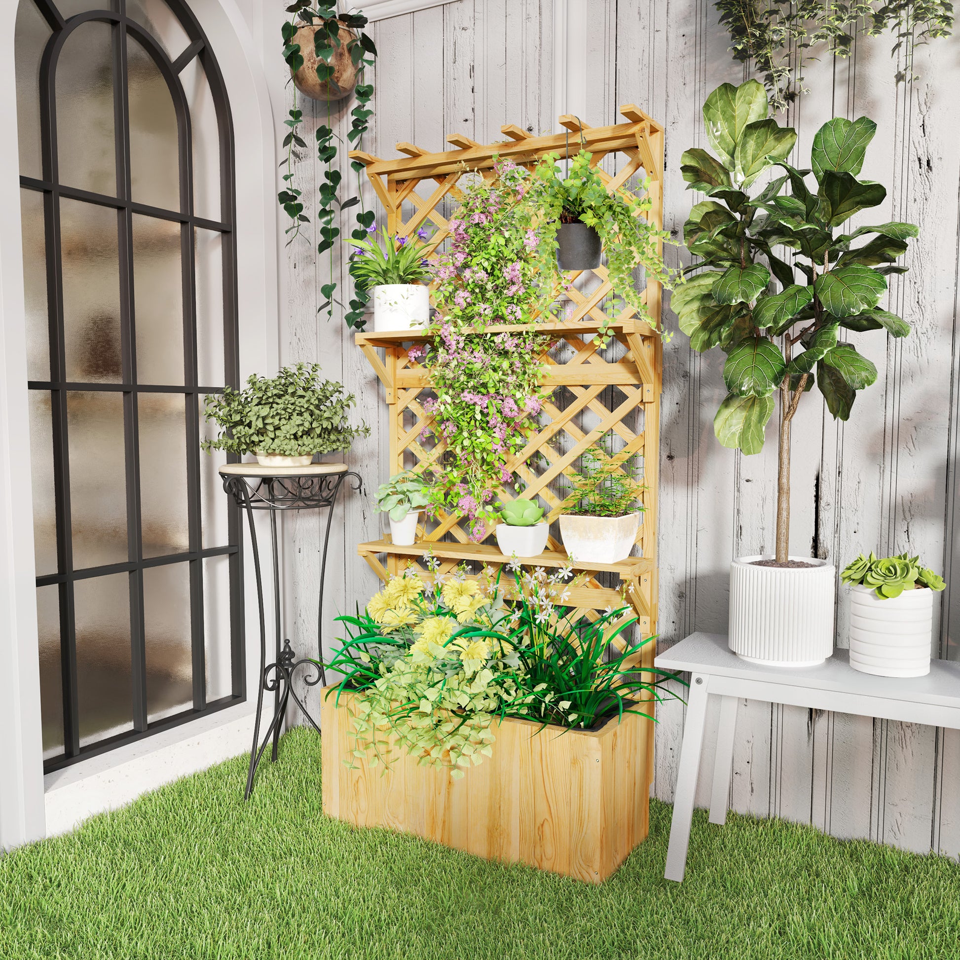 Raised Garden Bed with Trellis, Flower Planter Box made of Pine Wood, Plant Bed with Trellis, Cold Frame with Shelves, Garden Bed Planter Box for Terrace, Garden, 76 x 33 x 177 cm