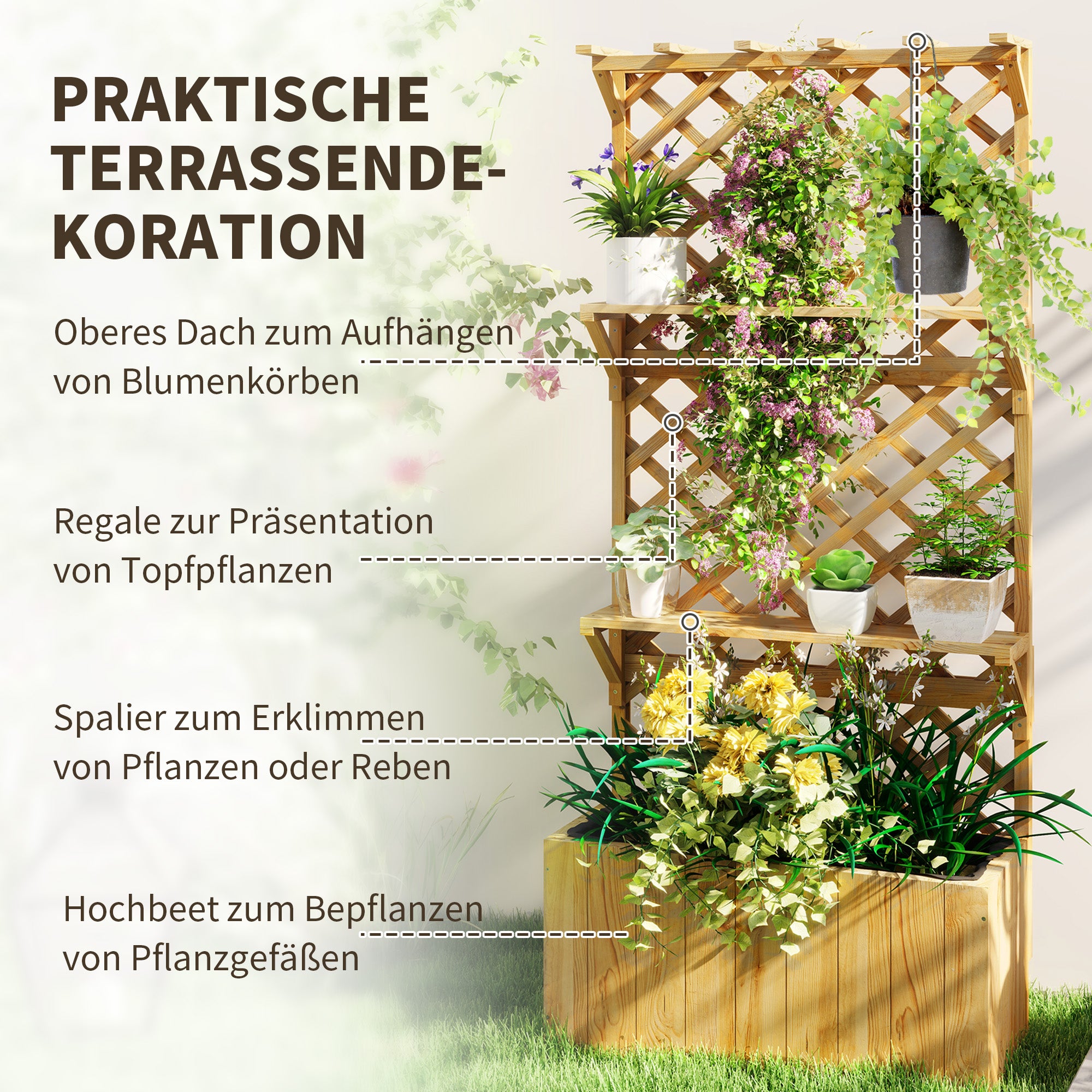 Raised Garden Bed with Trellis, Flower Planter Box made of Pine Wood, Plant Bed with Trellis, Cold Frame with Shelves, Garden Bed Planter Box for Terrace, Garden, 76 x 33 x 177 cm