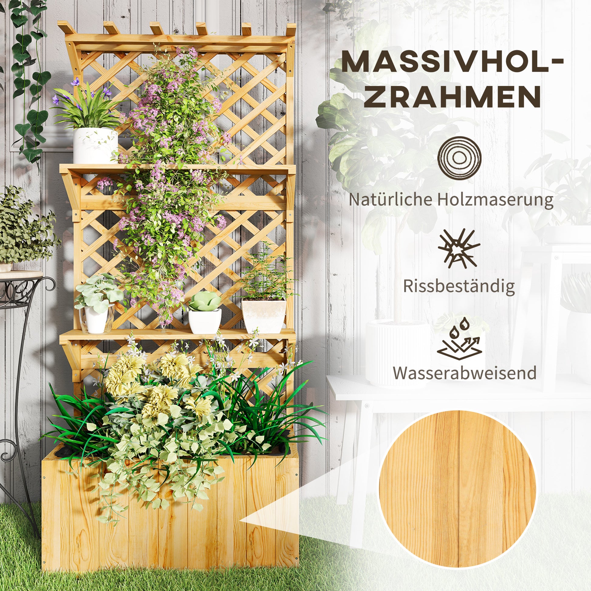Raised Garden Bed with Trellis, Flower Planter Box made of Pine Wood, Plant Bed with Trellis, Cold Frame with Shelves, Garden Bed Planter Box for Terrace, Garden, 76 x 33 x 177 cm