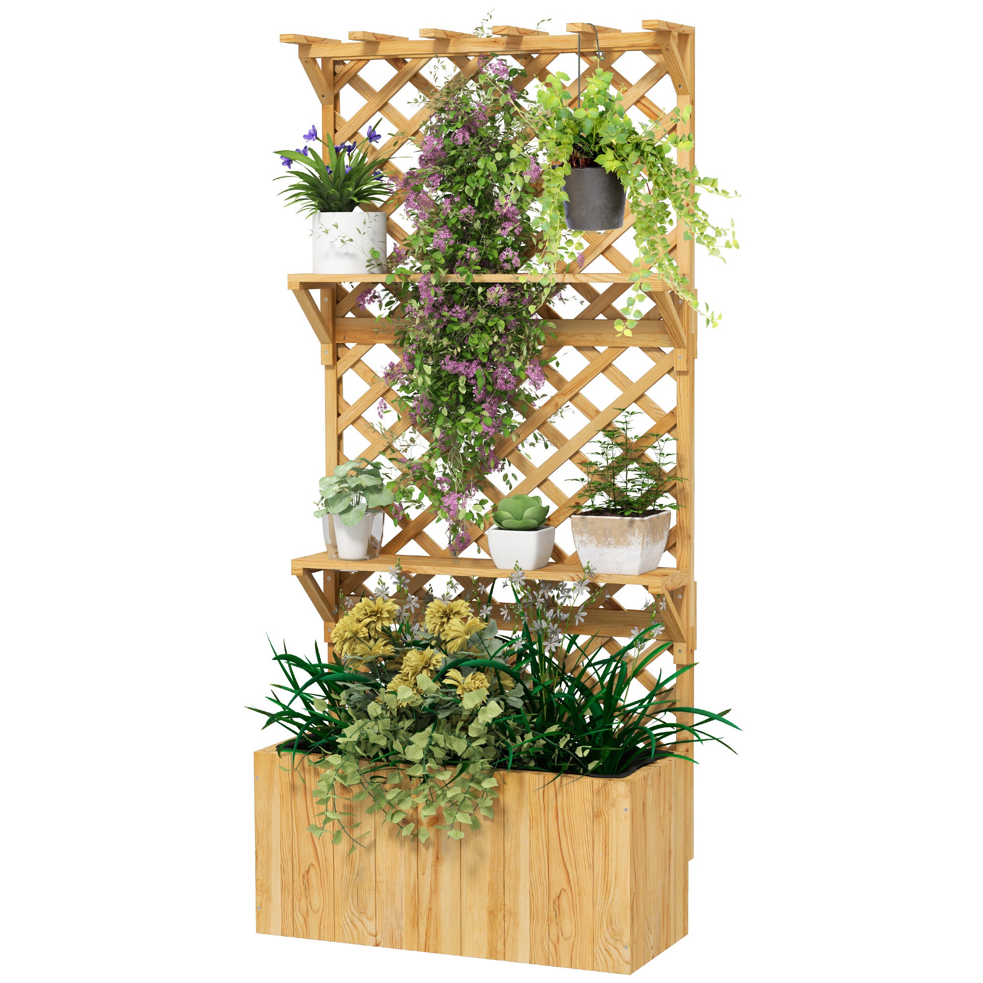 Raised Garden Bed with Trellis, Flower Planter Box made of Pine Wood, Plant Bed with Trellis, Cold Frame with Shelves, Garden Bed Planter Box for Terrace, Garden, 76 x 33 x 177 cm