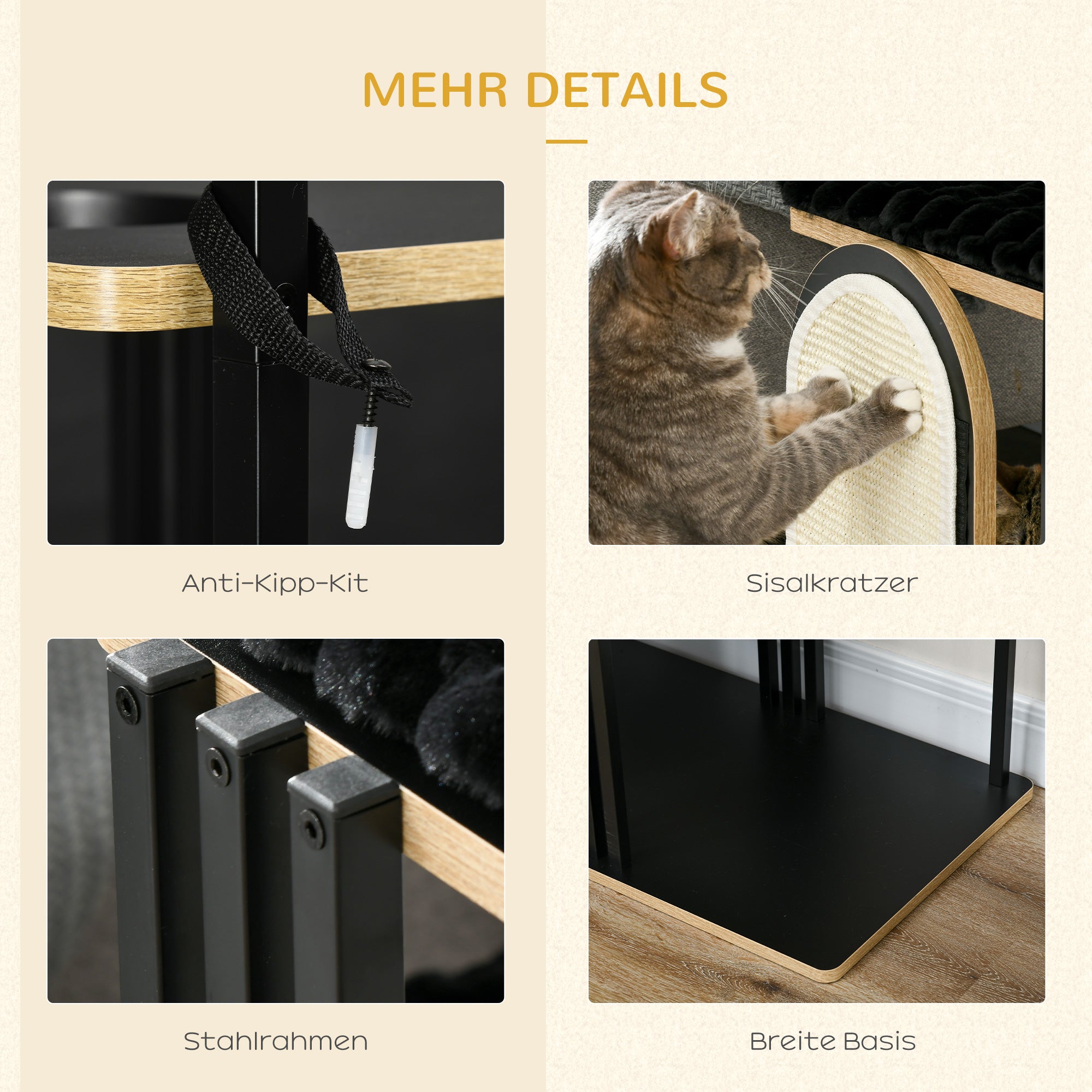 Cat Tree 170 cm Scratching Post with Pillow Climbing Tree with Scratching Board, Cat Scratching Tree with 3 Platforms, Cat Furniture, Steel, Black