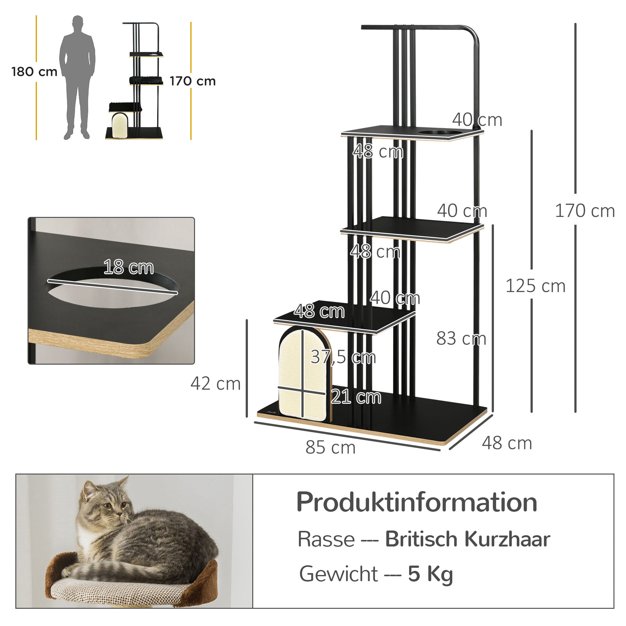 Cat Tree 170 cm Scratching Post with Pillow Climbing Tree with Scratching Board, Cat Scratching Tree with 3 Platforms, Cat Furniture, Steel, Black