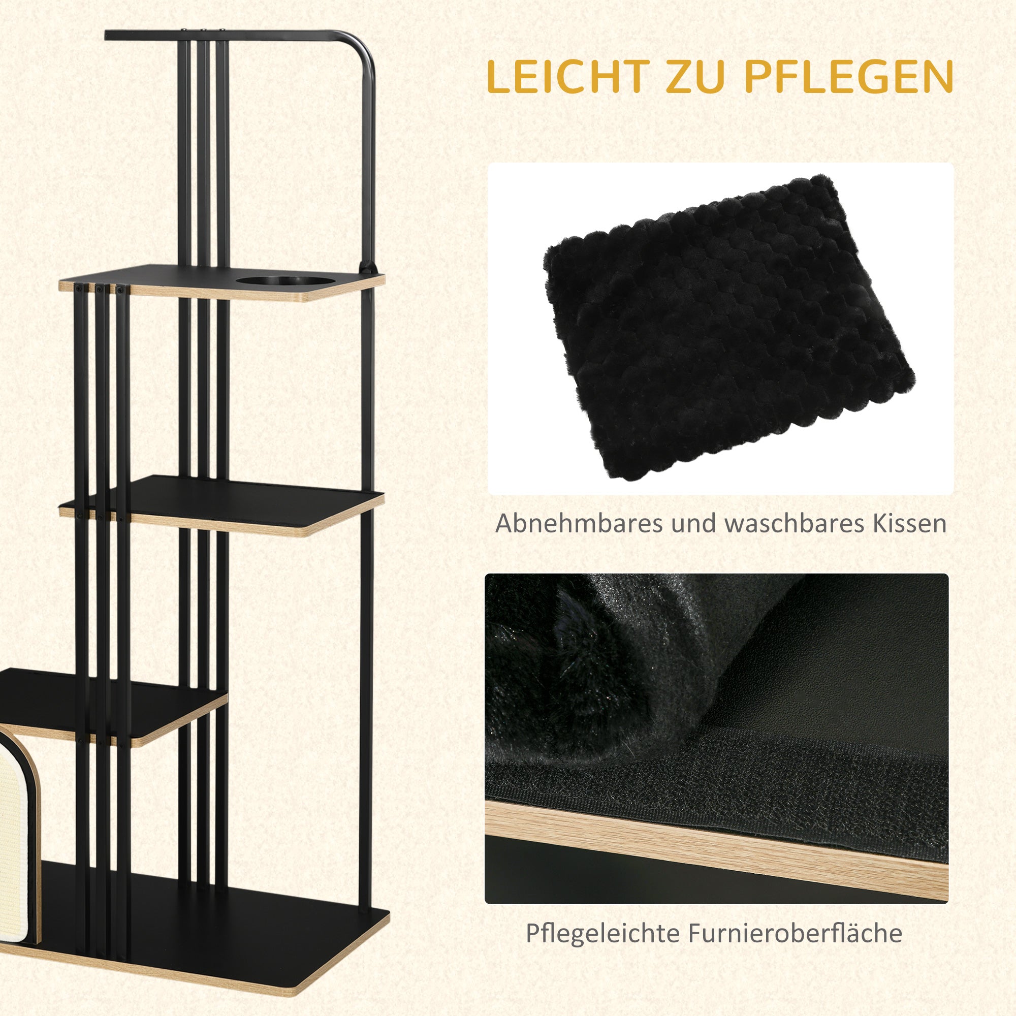 Cat Tree 170 cm Scratching Post with Pillow Climbing Tree with Scratching Board, Cat Scratching Tree with 3 Platforms, Cat Furniture, Steel, Black