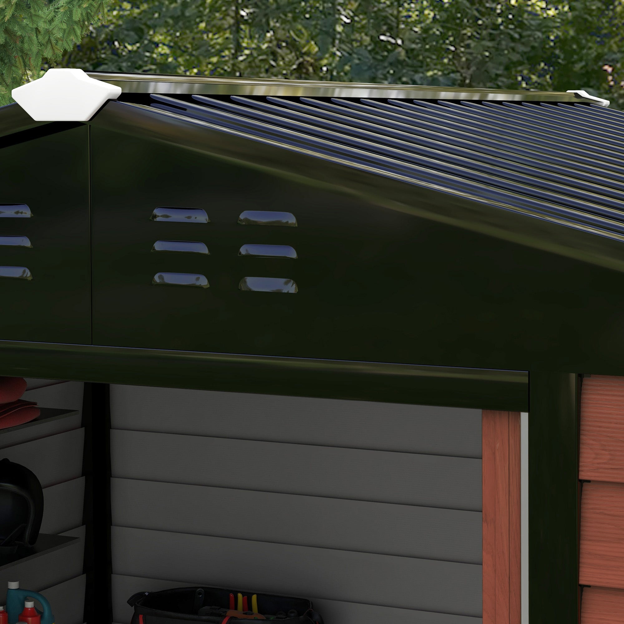 Tool Shed 4.4 m², Garden House with Pent Roof, Sliding Door, Foundation, Easy Assembly 240 x 206 x 198 cm, Tool Shed made of Galvanized Steel, Weatherproof, for Garden, Teak