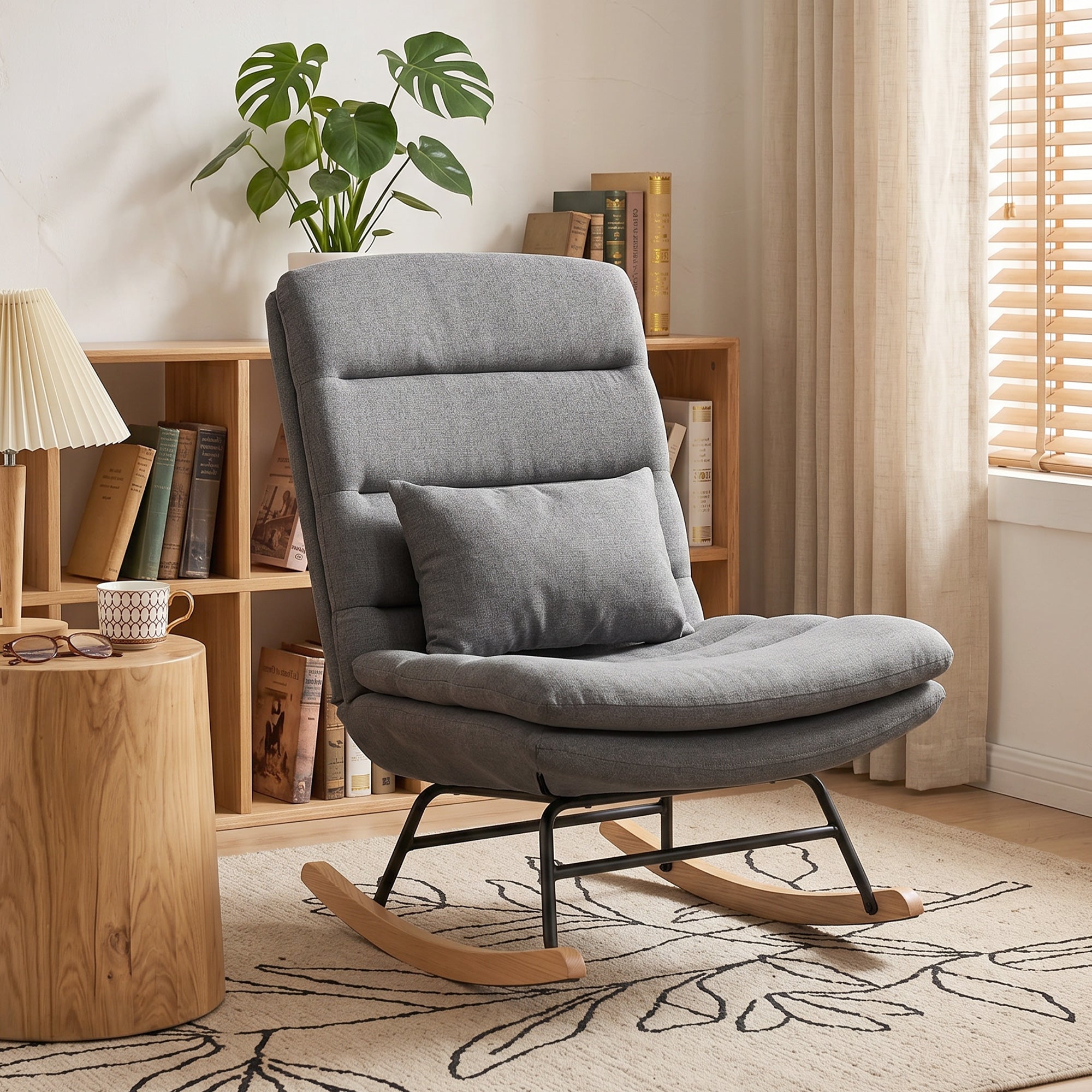 Linen-Effect Upholstered Rocking Chair with Lumbar Pillow, High Back, 28.3 in Wide Double-Layer Seat, Light Gray