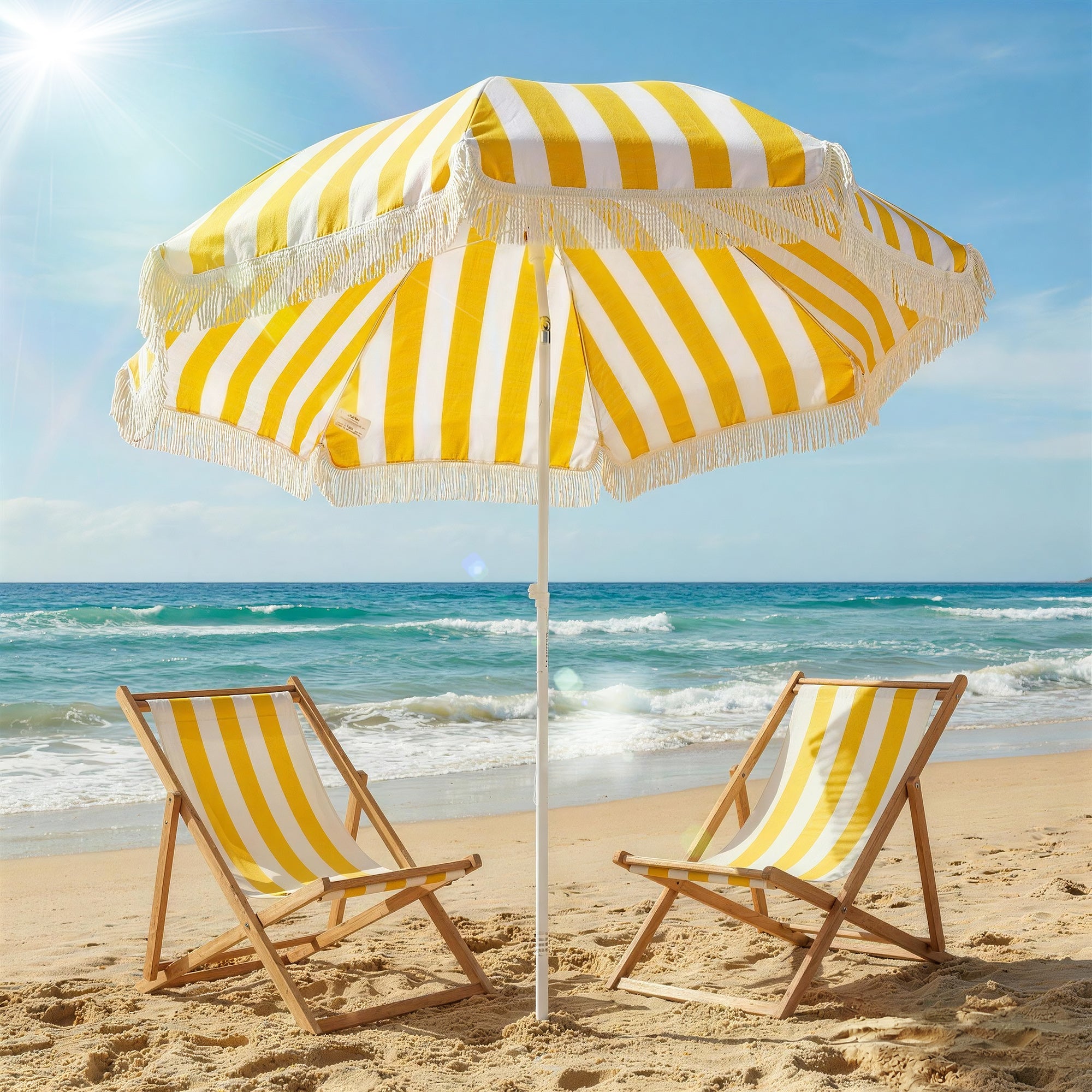 Boho Fringe Beach Umbrella, 71" Canopy, Adjustable Height & 30° Tilt, Sand Anchor and Carry Bag — Yellow & White