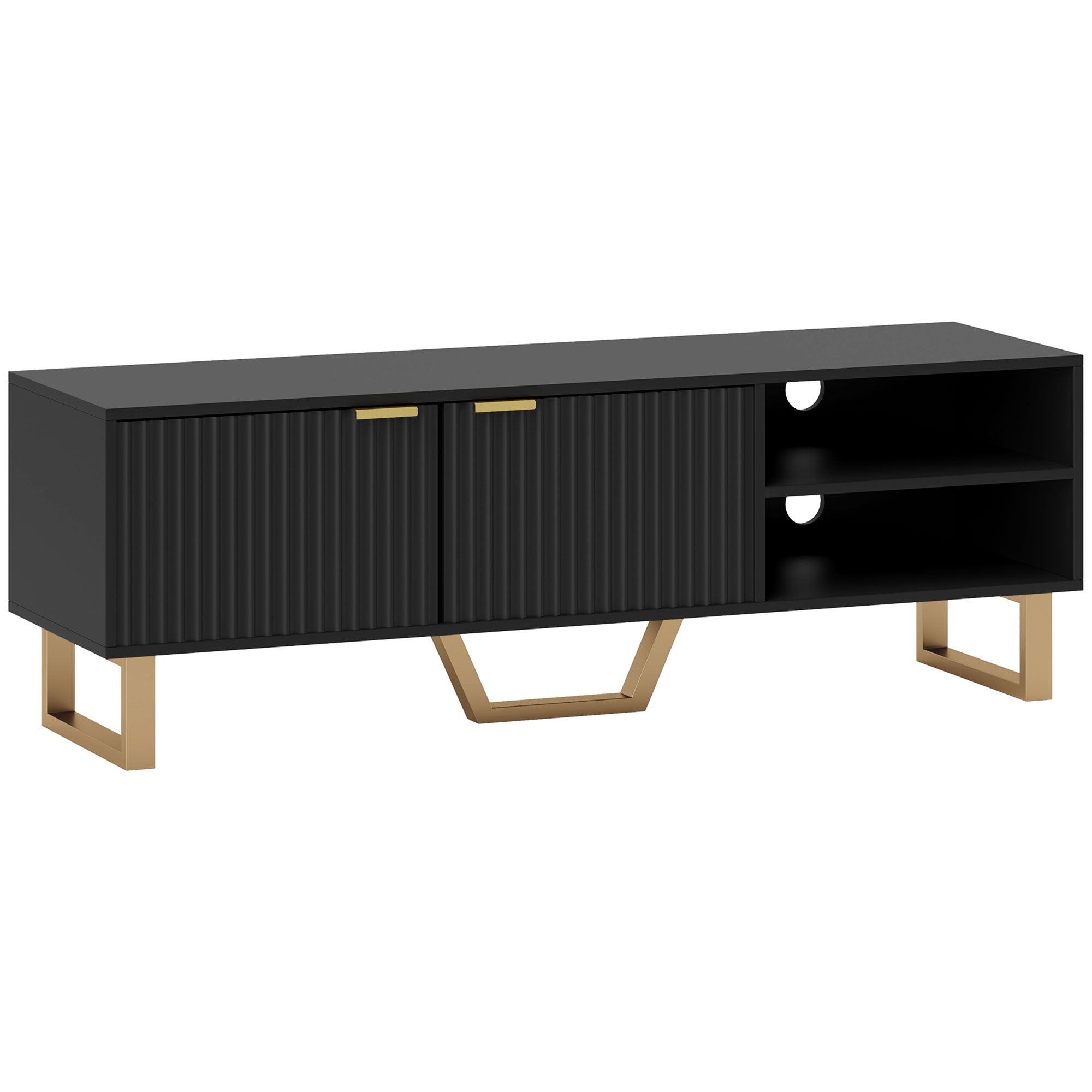 TV Stand TV unit wood TV bench for TV up to 70 inches with 2 fluted doors, open compartment and cable management, for living room bedroom, 140 x 39 x 47 cm, black