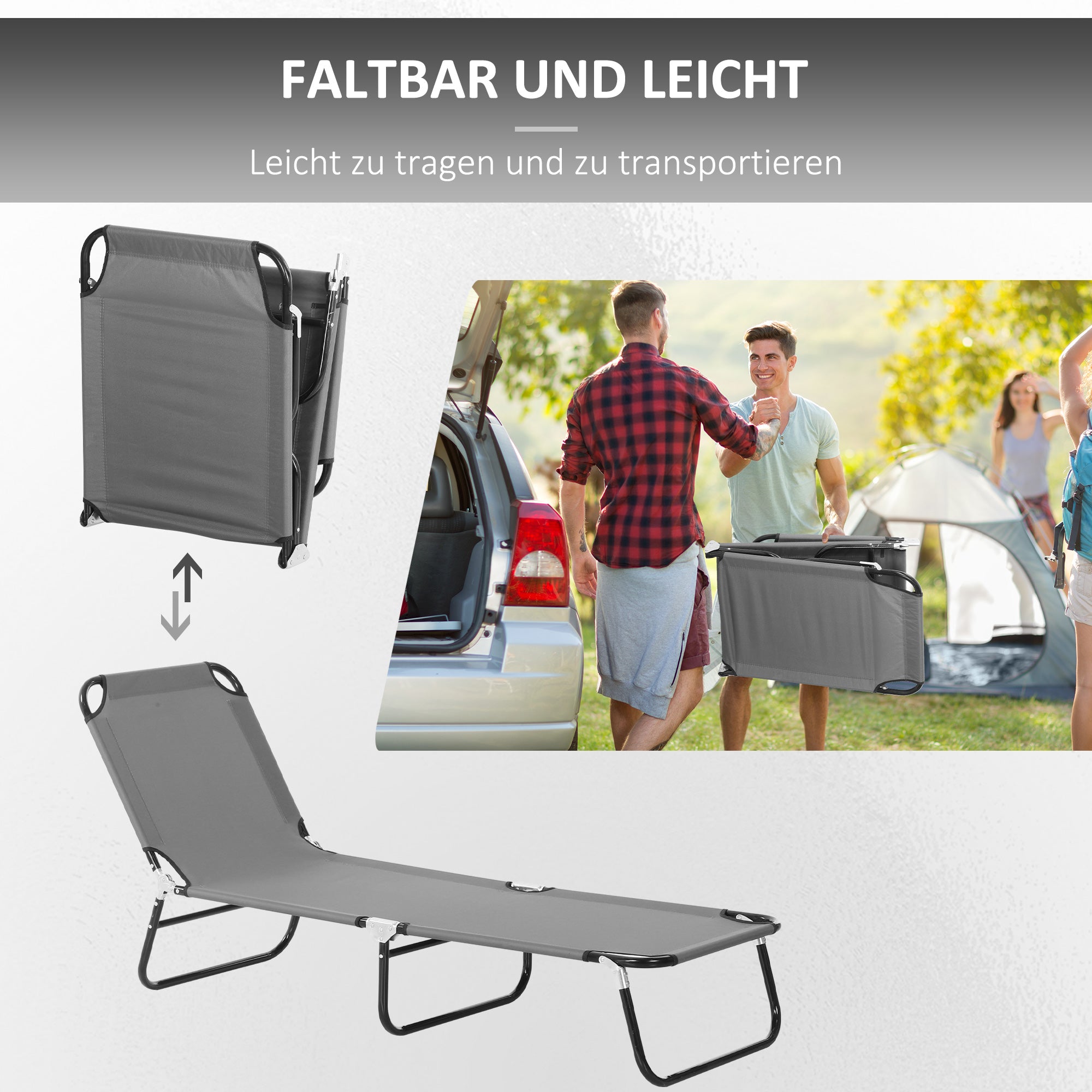Folding Sun Lounger Portable Sunbed with 5-Position Adjustable Backrest, Weather-Resistant Recliner Chair for Camping Garden Beach Pool, Supports 120 kg, for Outdoor Holidays in Gray