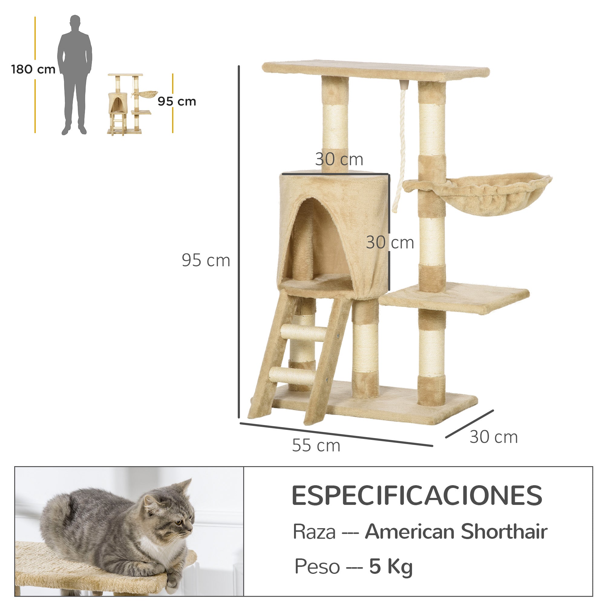 Cat Scratching Tree 55x30x95 cm with Nest Platform House Ladder Play Rope Particleboard and Covered in Plush Brown