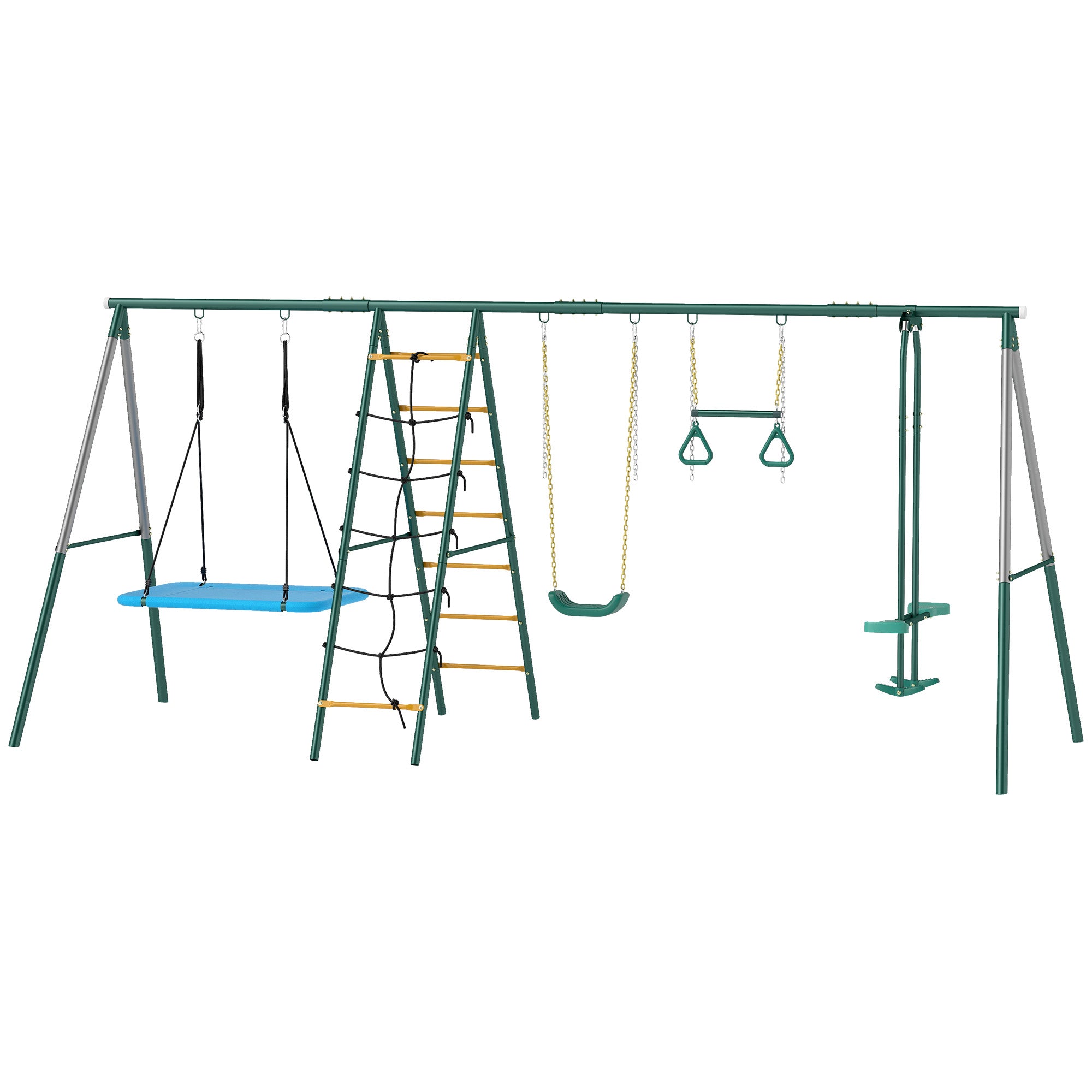 5-in-1 Kids Swing Set — Steel A-Frame (up to 771 lb) with Adjustable Nest Swing, Gym Rings, Double Seat & Climbing Frame, for Ages 3–8 — 440 x 175 x 203 cm (14'5" x 5'9" x 6'8")