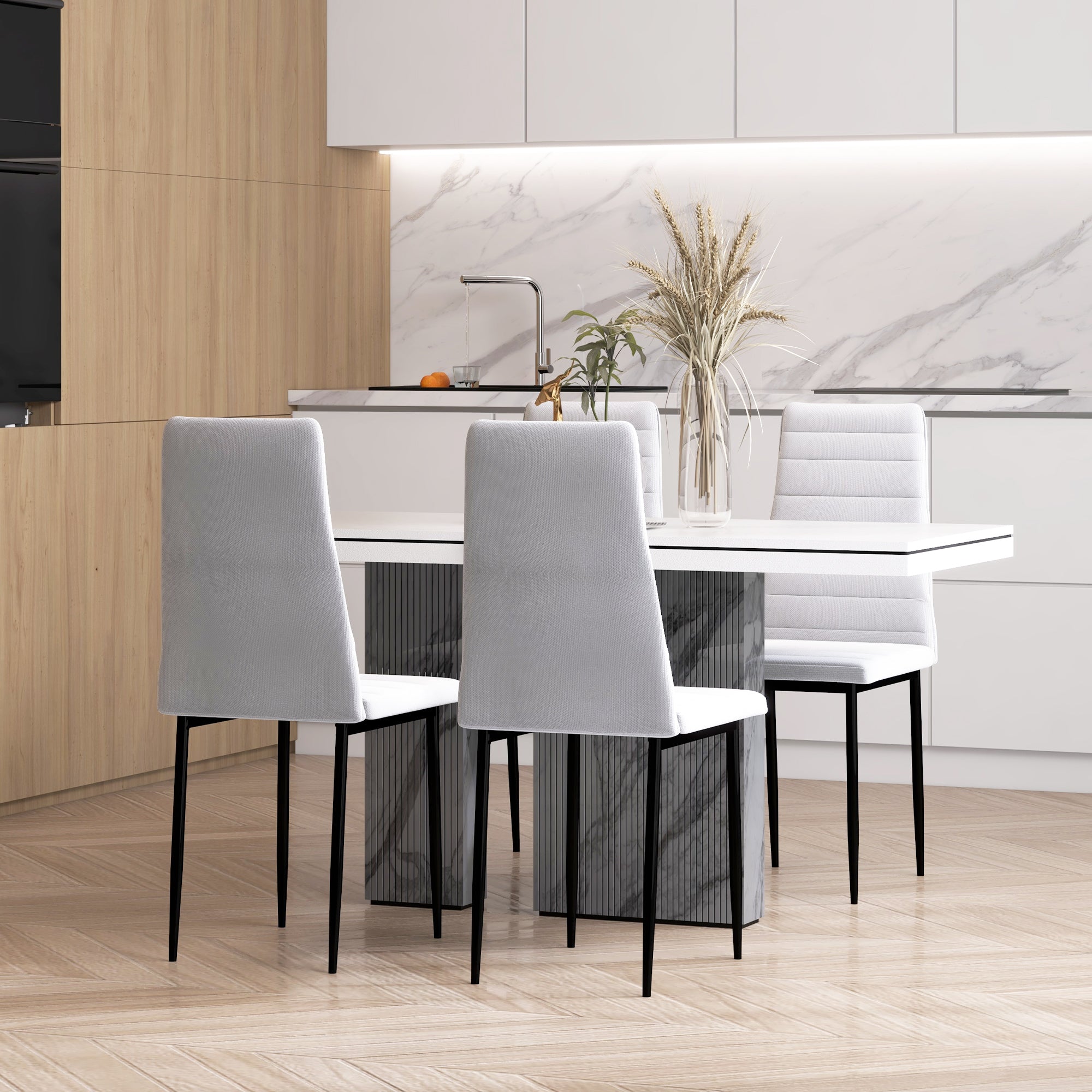 Set of 4 Linen Upholstered Dining Chairs Modern Kitchen Chairs with High Back and Metal Legs 120 kg Load-Bearing Capacity for Living Room 41x50x97 cm White
