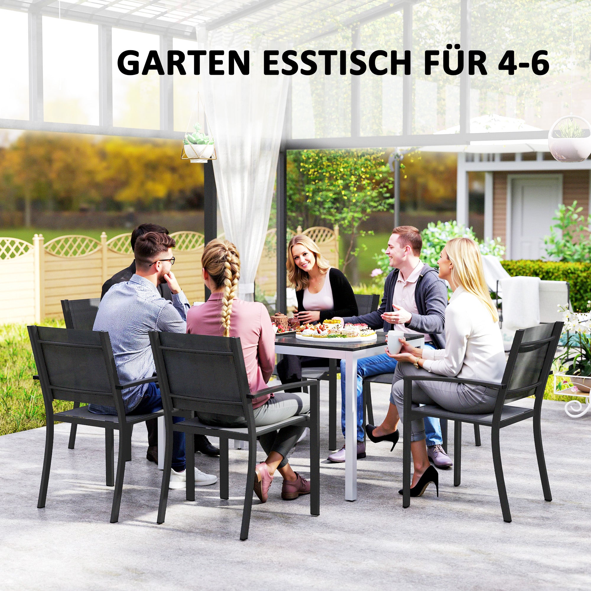 Aluminum Garden Table 120x70 cm Weatherproof Patio Table with Wood Look, Non-Slip Buffet Table Camping Table for 4-6 People Terrace Table Outdoor Dining Table for Garden, Balcony Black