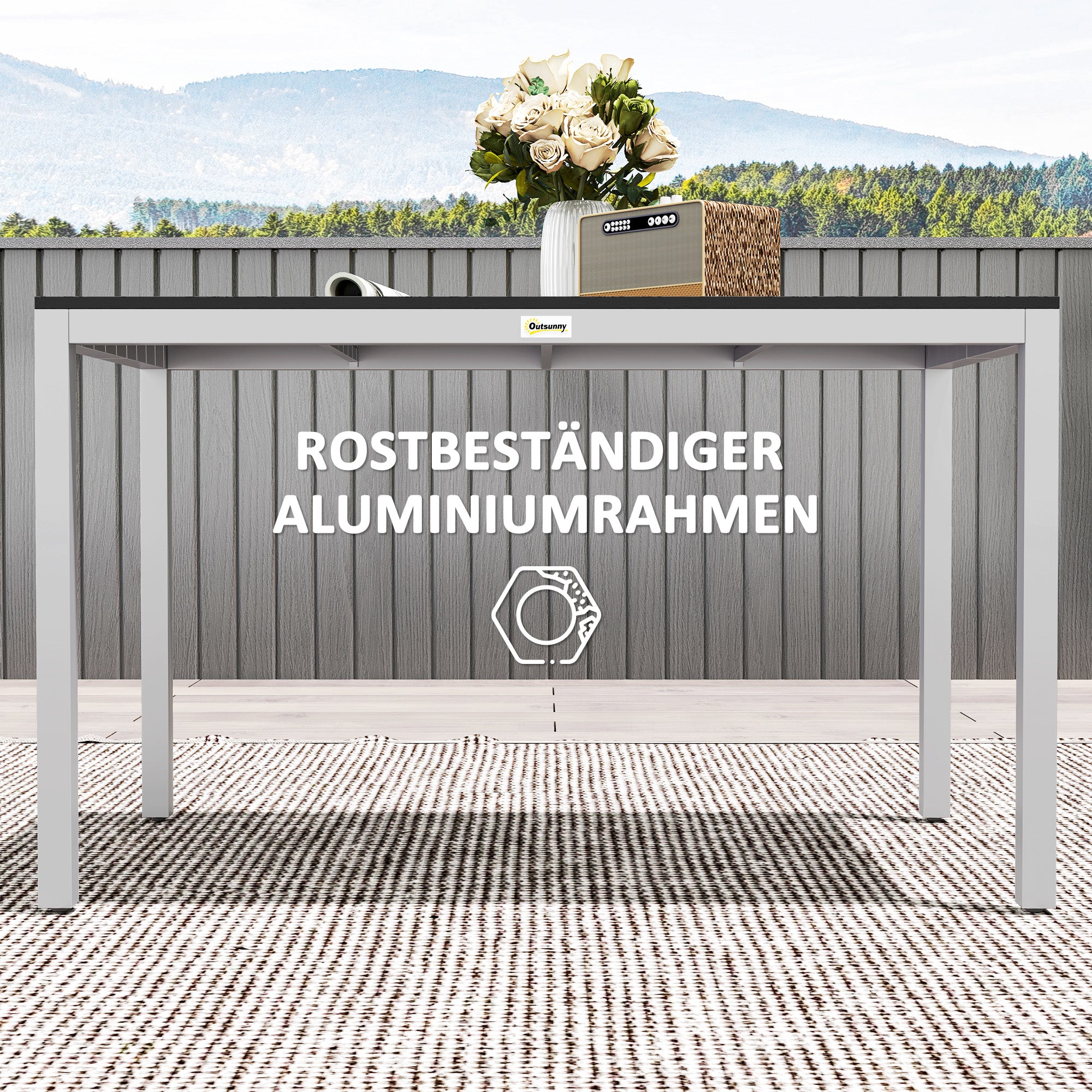 Aluminum Garden Table 120x70 cm Weatherproof Patio Table with Wood Look, Non-Slip Buffet Table Camping Table for 4-6 People Terrace Table Outdoor Dining Table for Garden, Balcony Black