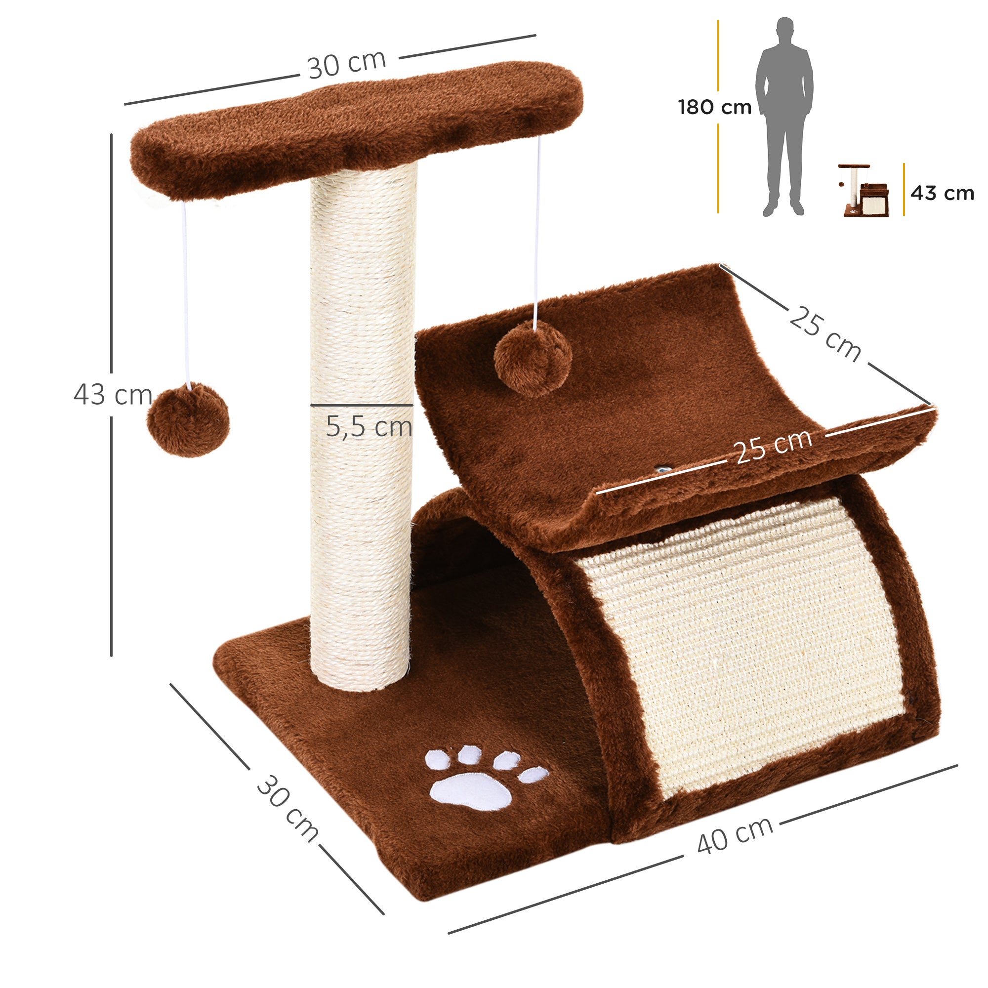 Small Cat Scratching Tree Cat Play Tree Scratching Post for Cats with Toy Ball Brown L40 x W30 x H43 cm
