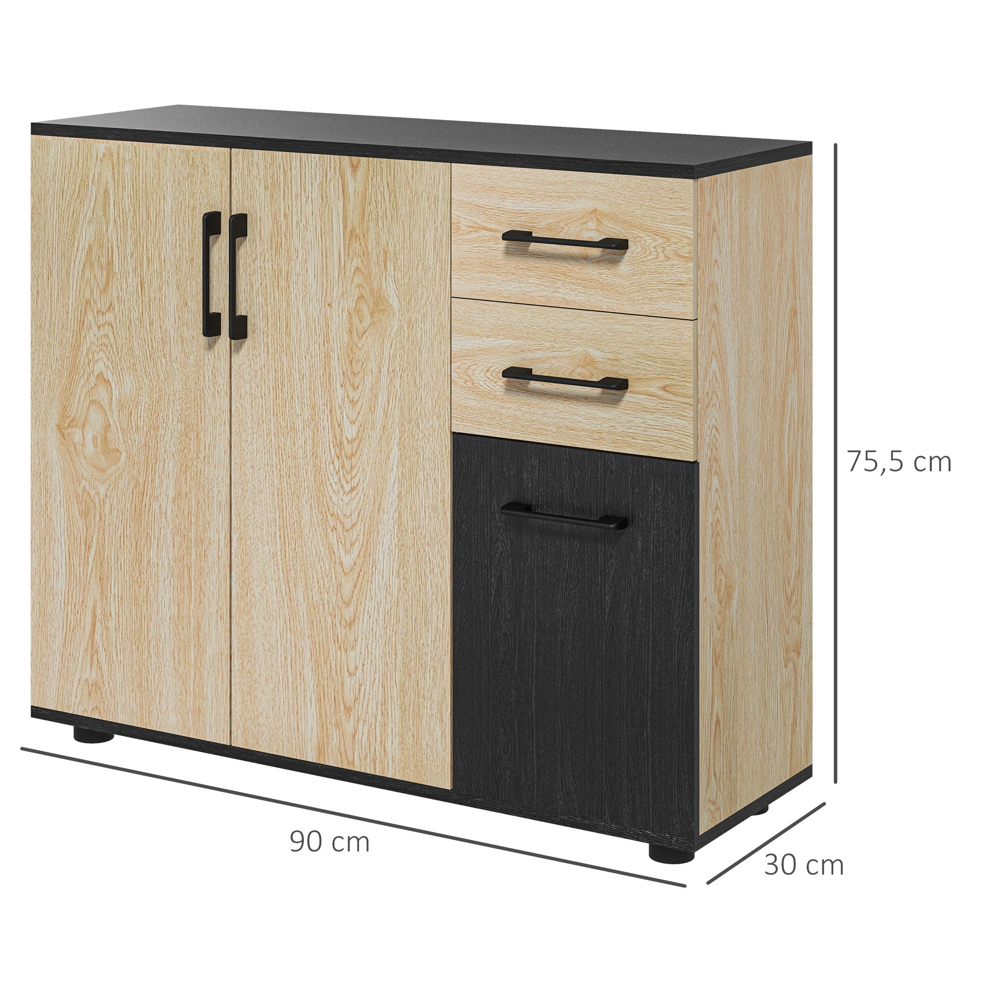Storage Cabinet, Sideboard, Kitchen Cupboard, 2 Cupboards, Adjustable Shelf, 2 Drawers, Contemporary Style, for Living Room, Kitchen, Dining Room, 90 x 30 x 75.5 cm, Natural Black