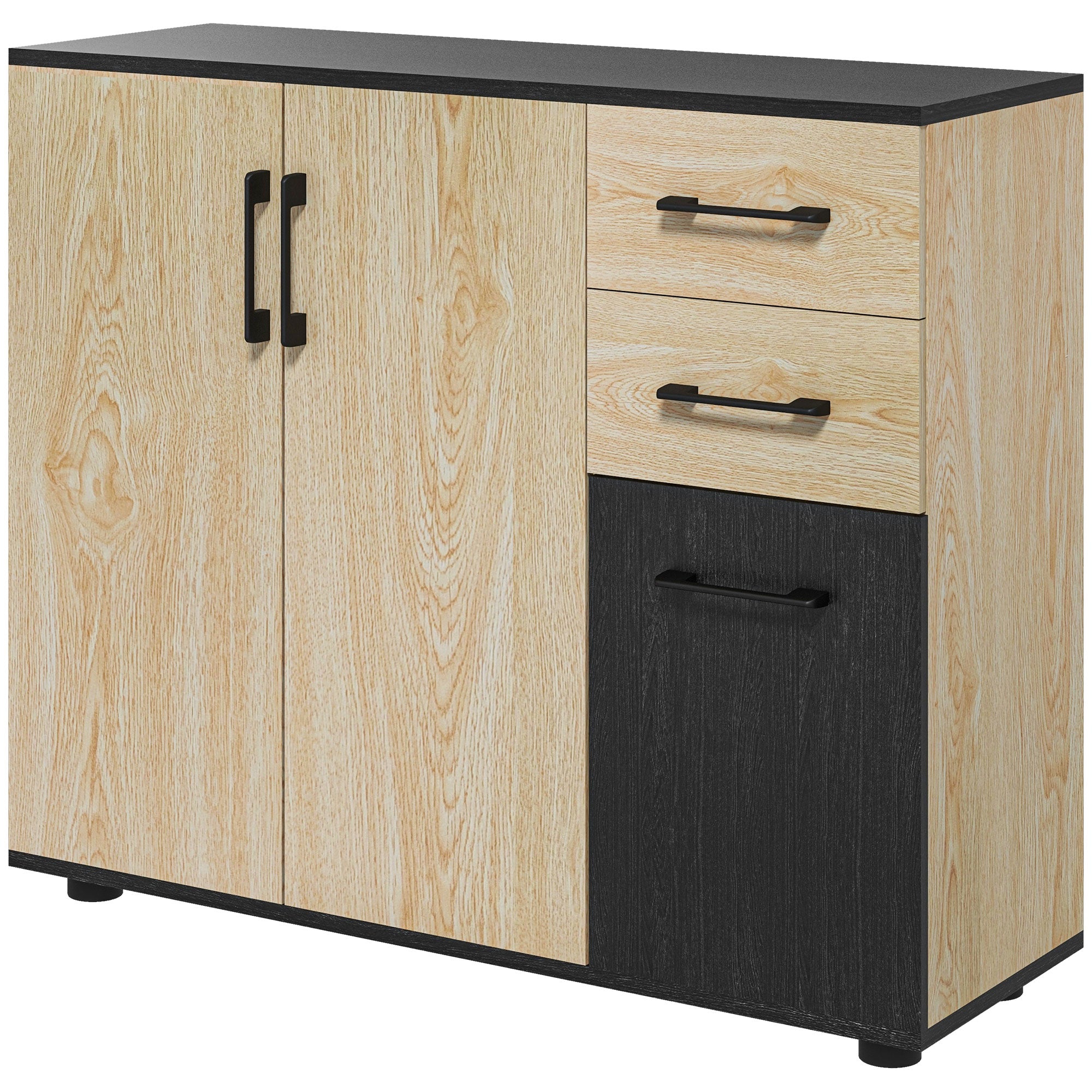 Storage Cabinet, Sideboard, Kitchen Cupboard, 2 Cupboards, Adjustable Shelf, 2 Drawers, Contemporary Style, for Living Room, Kitchen, Dining Room, 90 x 30 x 75.5 cm, Natural Black