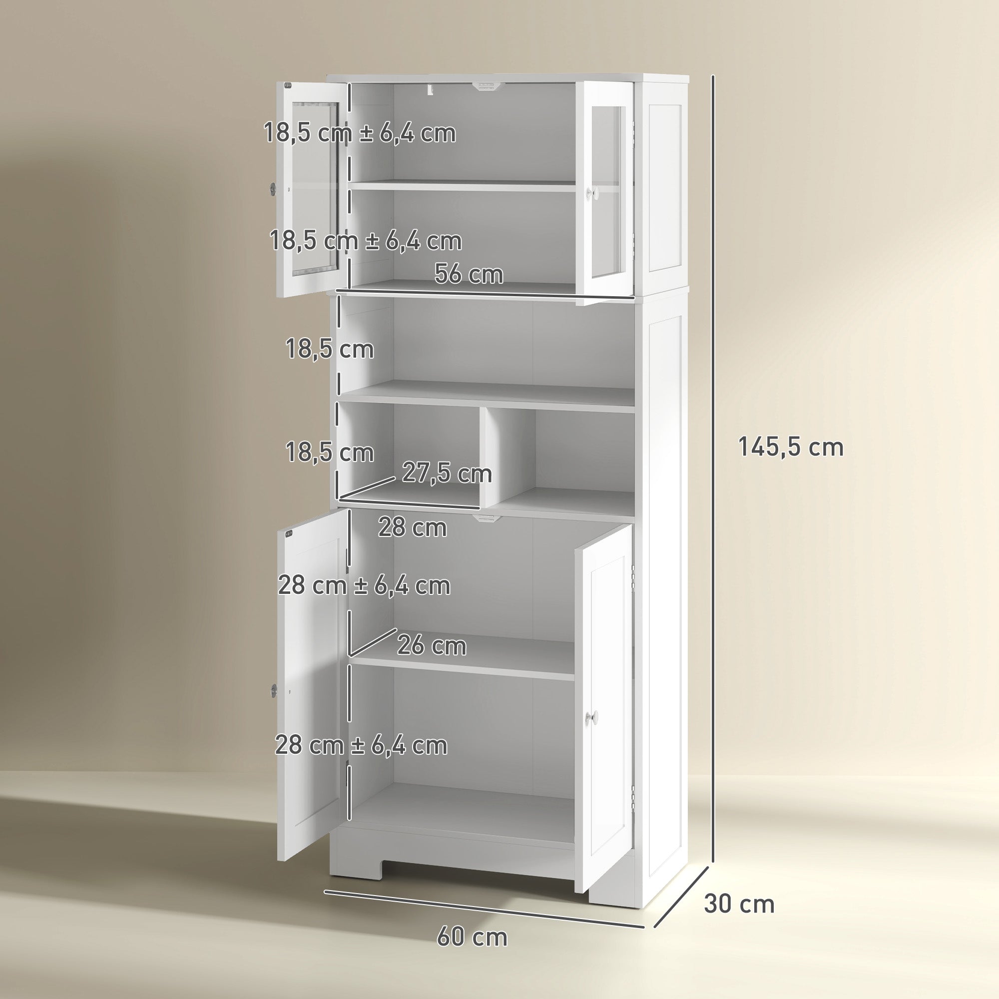Kitchen Pantry Cabinet High Storage Cupboard with 2 Glass Doors Adjustable Shelves and Open Compartments 60x30x145.5 cm White