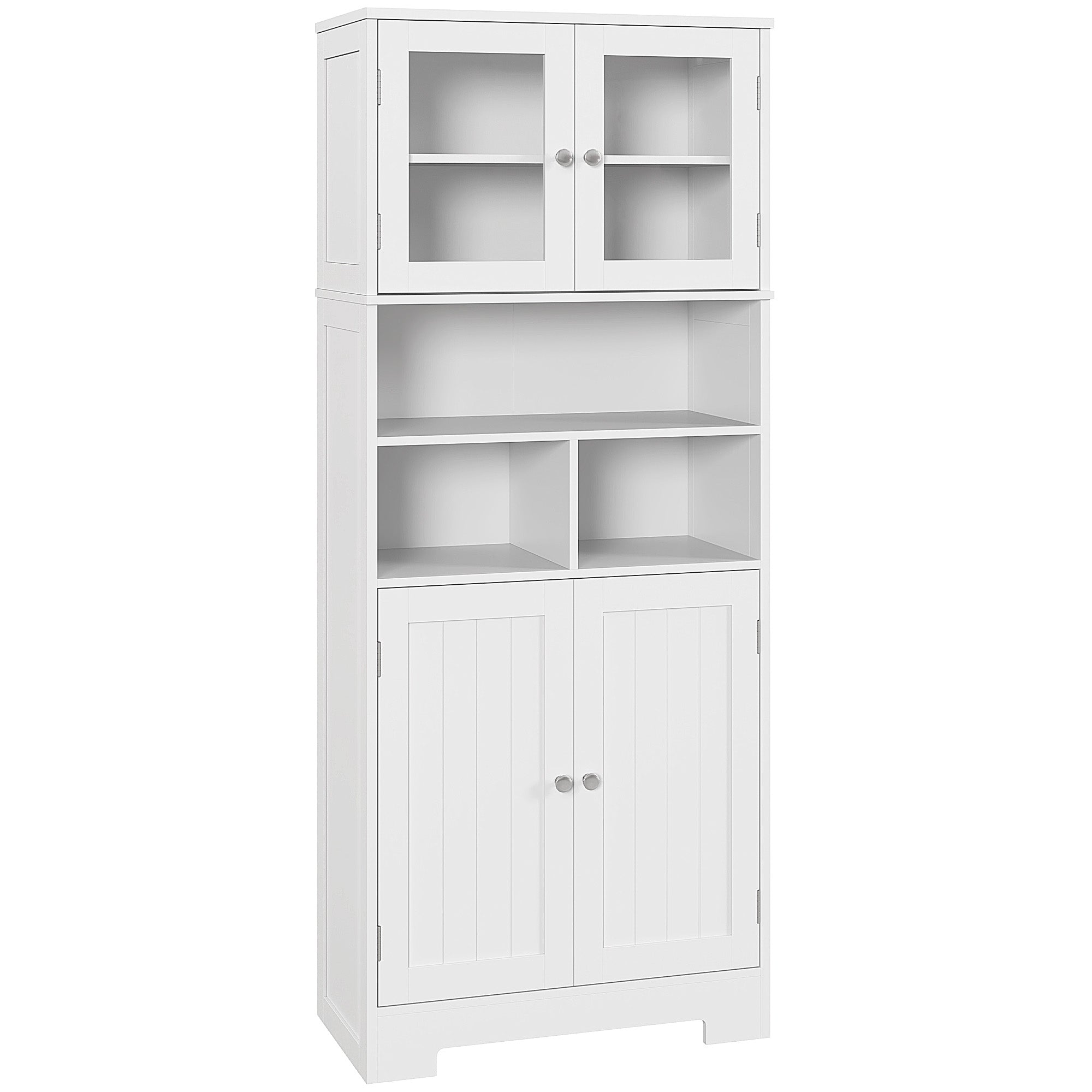 Kitchen Pantry Cabinet High Storage Cupboard with 2 Glass Doors Adjustable Shelves and Open Compartments 60x30x145.5 cm White