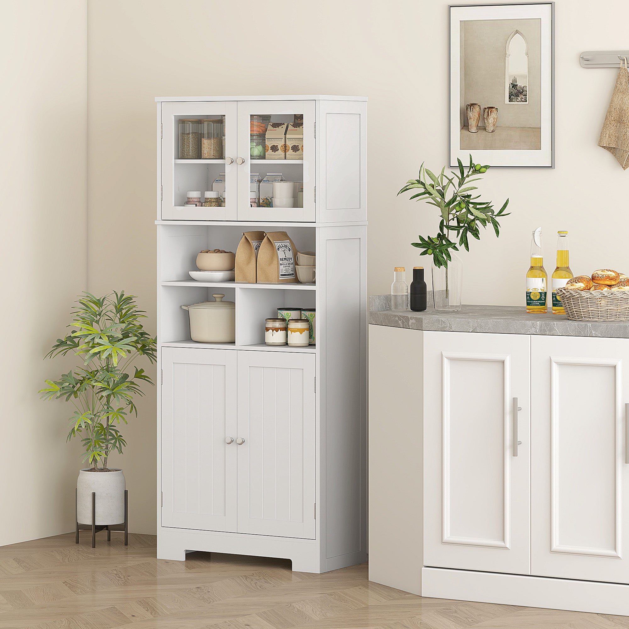 Kitchen Pantry Cabinet High Storage Cupboard with 2 Glass Doors Adjustable Shelves and Open Compartments 60x30x145.5 cm White
