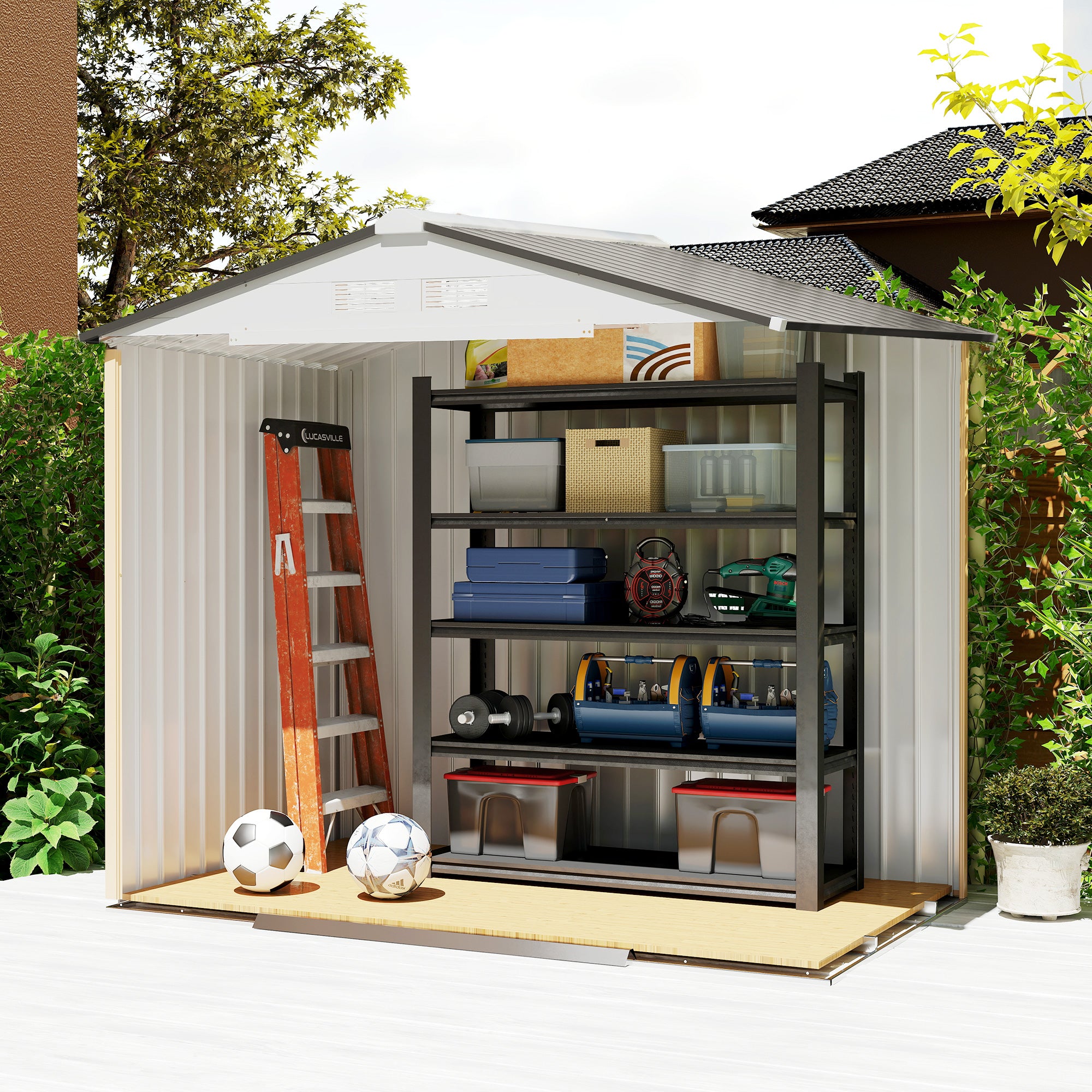 Garden Shed 2.5m² with Reinforcement Base No Floor 213x130x185 cm Outdoor Garden Shed with 2 Sliding Doors and 4 Windows for Tool Storage Silver