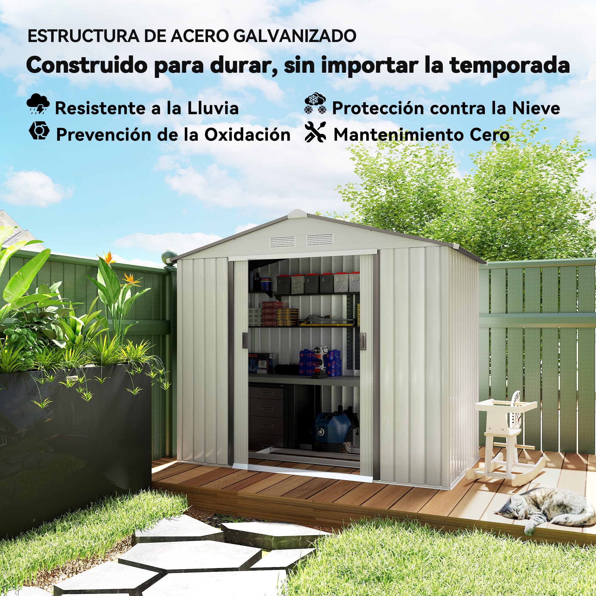 Garden Shed 2.5m² with Reinforcement Base No Floor 213x130x185 cm Outdoor Garden Shed with 2 Sliding Doors and 4 Windows for Tool Storage Silver