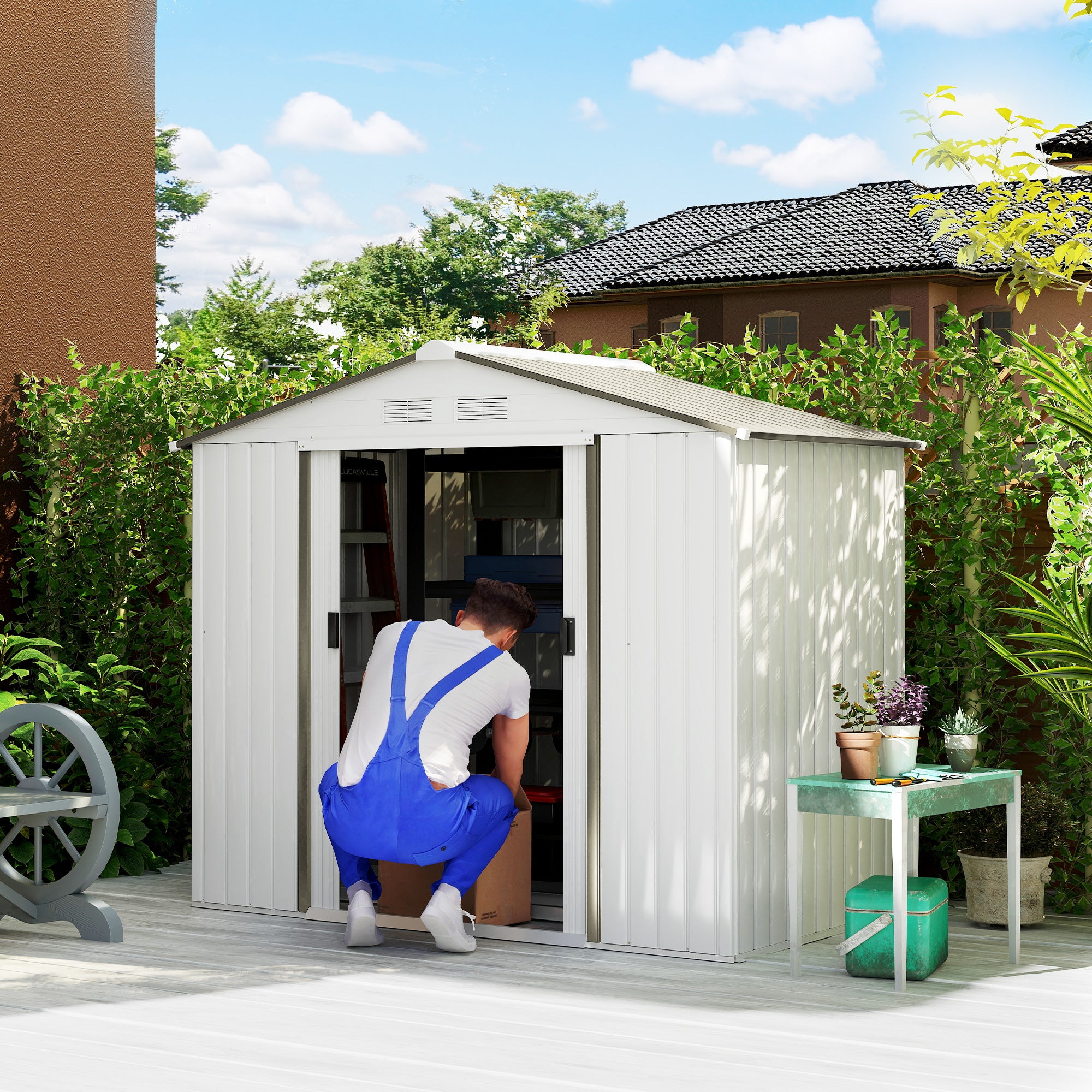 Garden Shed 2.5m² with Reinforcement Base No Floor 213x130x185 cm Outdoor Garden Shed with 2 Sliding Doors and 4 Windows for Tool Storage Silver