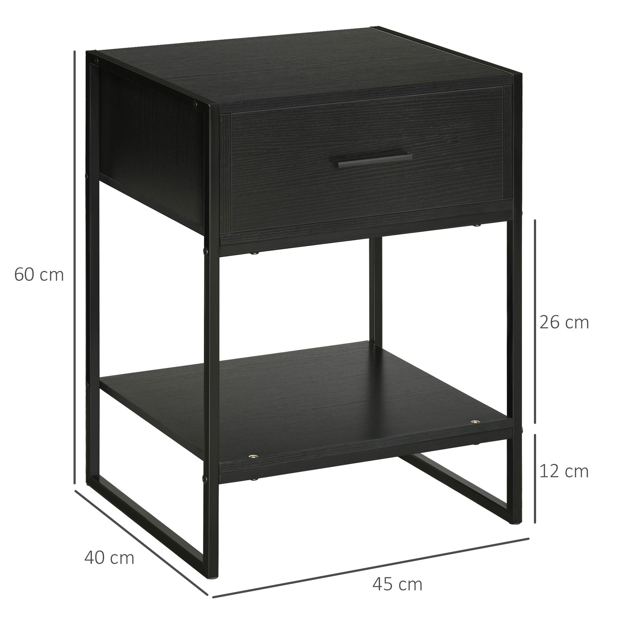 Nightstand Side Table with Drawer and Storage Shelf for Bedroom Living Room Bed Office Modern Style 45x40x60 cm Black