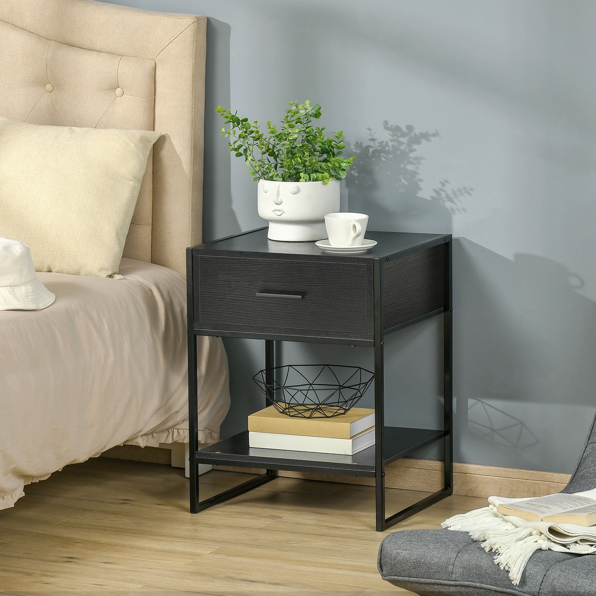 Nightstand Side Table with Drawer and Storage Shelf for Bedroom Living Room Bed Office Modern Style 45x40x60 cm Black