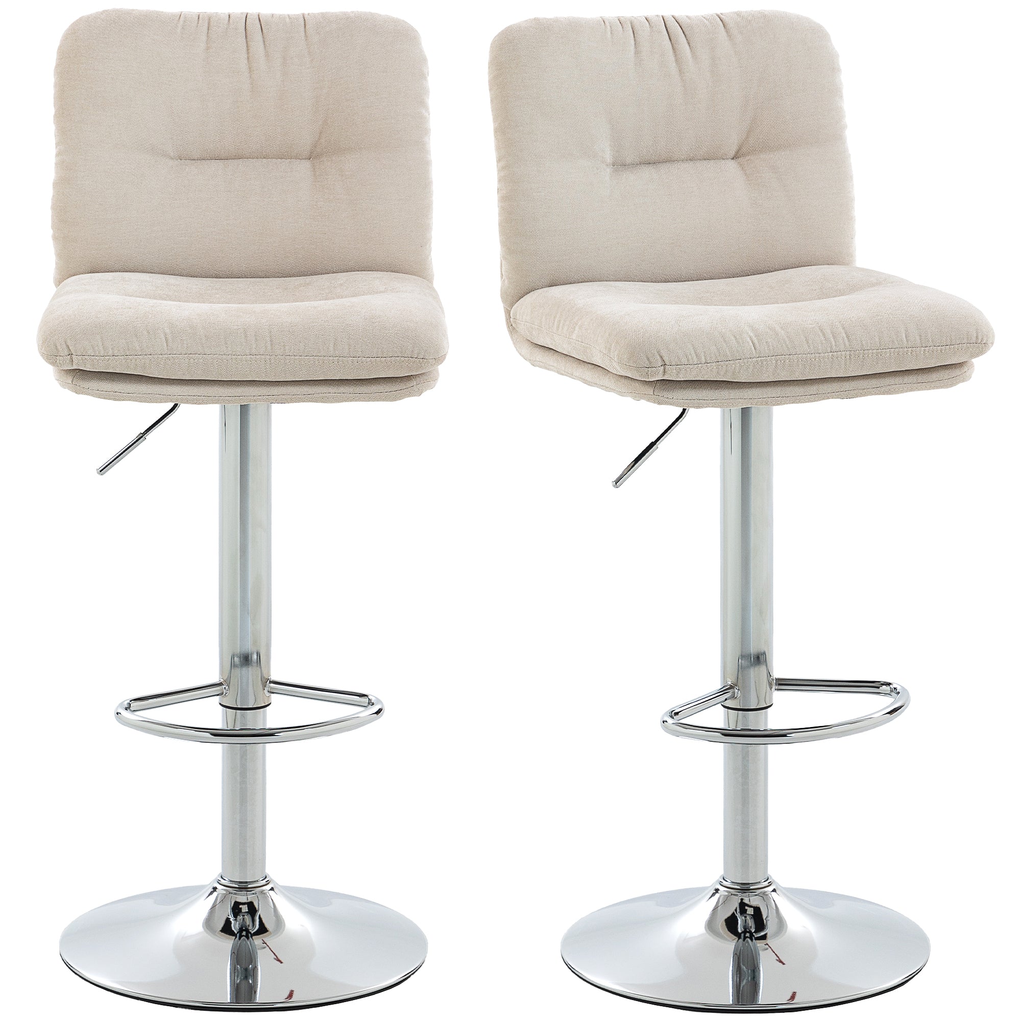 Set of 2 Swivel Bar Stools, Tall Counter Stools with Linen-Look Upholstery, Adjustable 25.2–33.9 in, Backrest, Footrest, Padded Seat & Steel Base, Beige