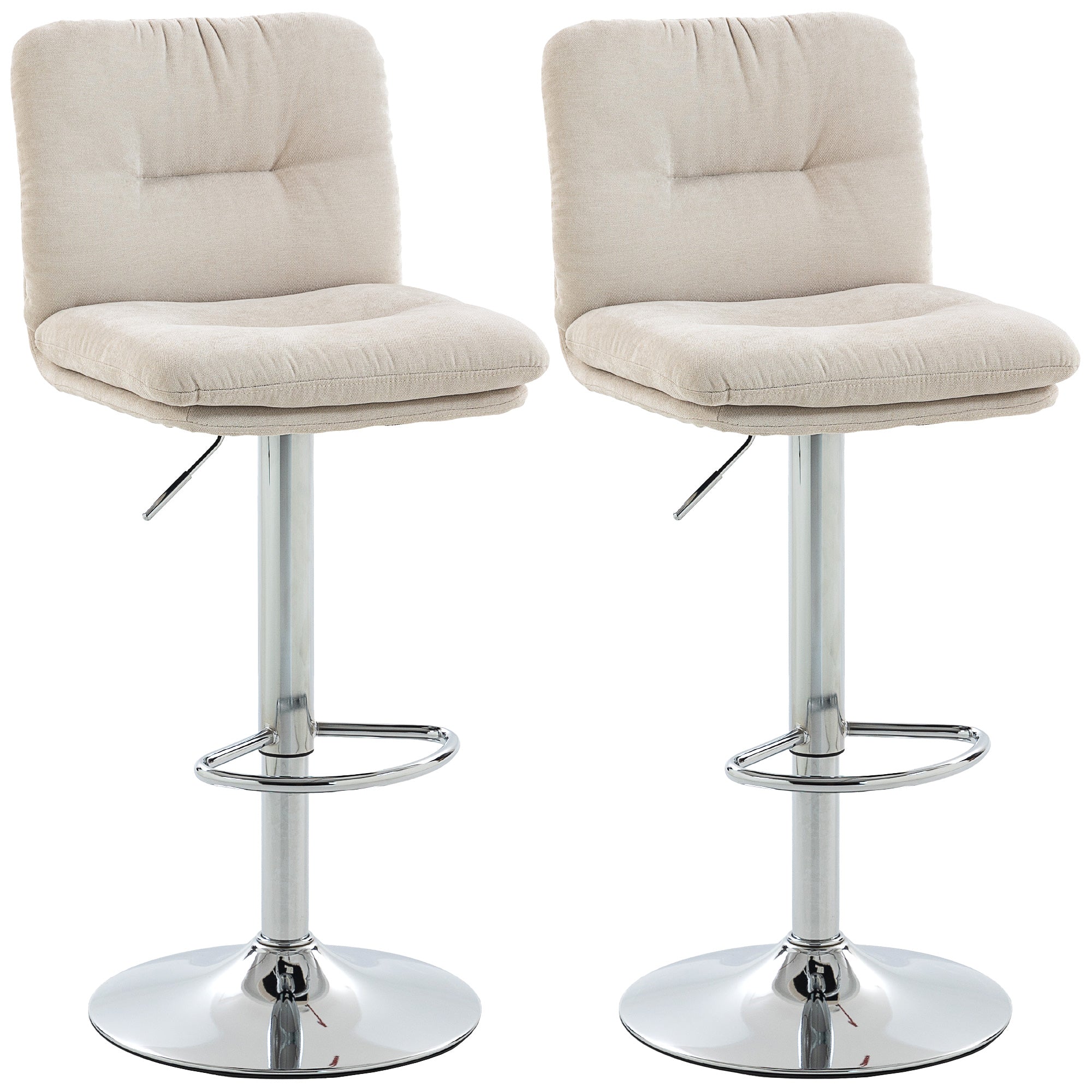 Set of 2 Swivel Bar Stools, Tall Counter Stools with Linen-Look Upholstery, Adjustable 25.2–33.9 in, Backrest, Footrest, Padded Seat & Steel Base, Beige