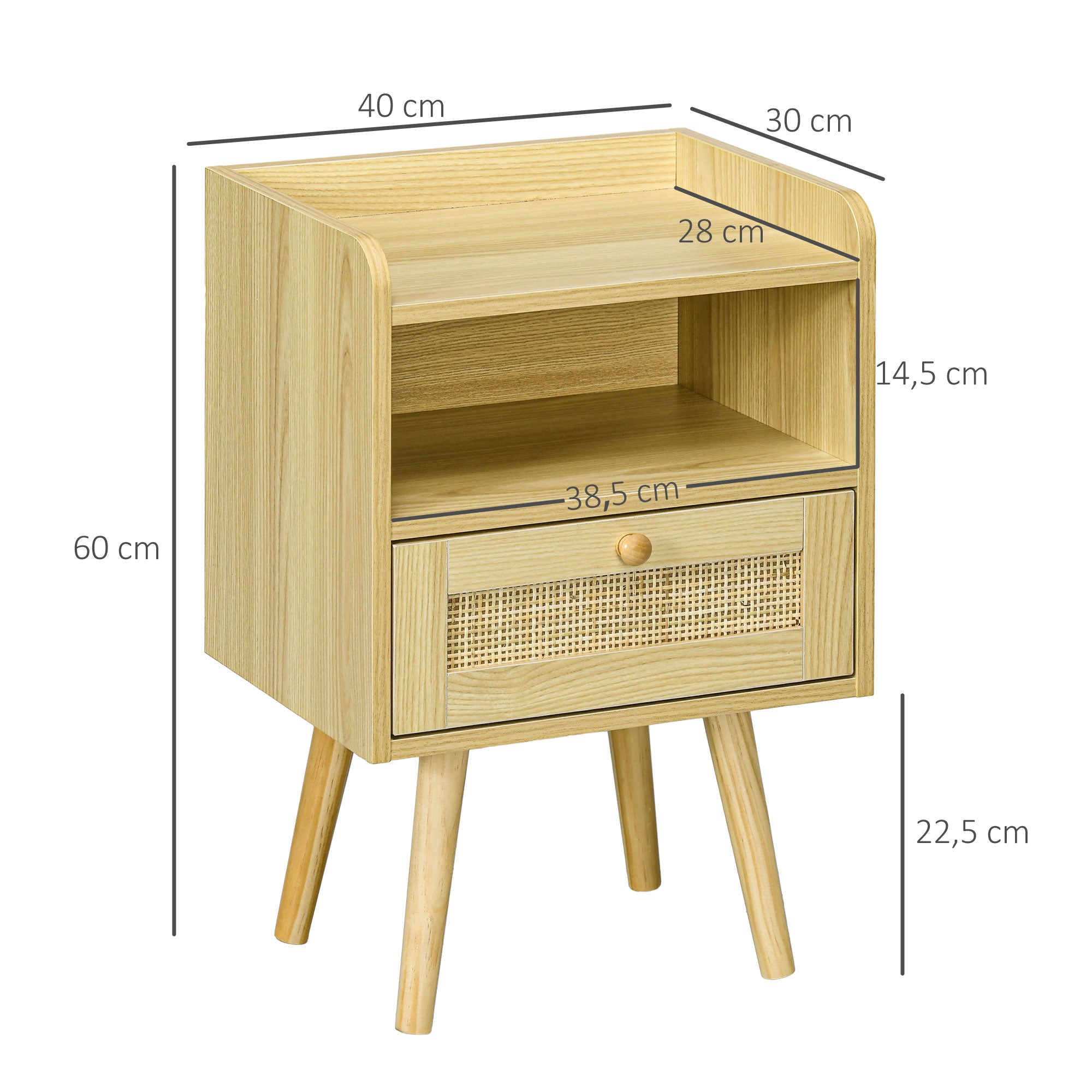 Set of 2 bedside tables nightstand with rattan effect drawer and open compartment, bedside table for bedroom, living room, 40 x 30 x 60 cm, natural wood effect