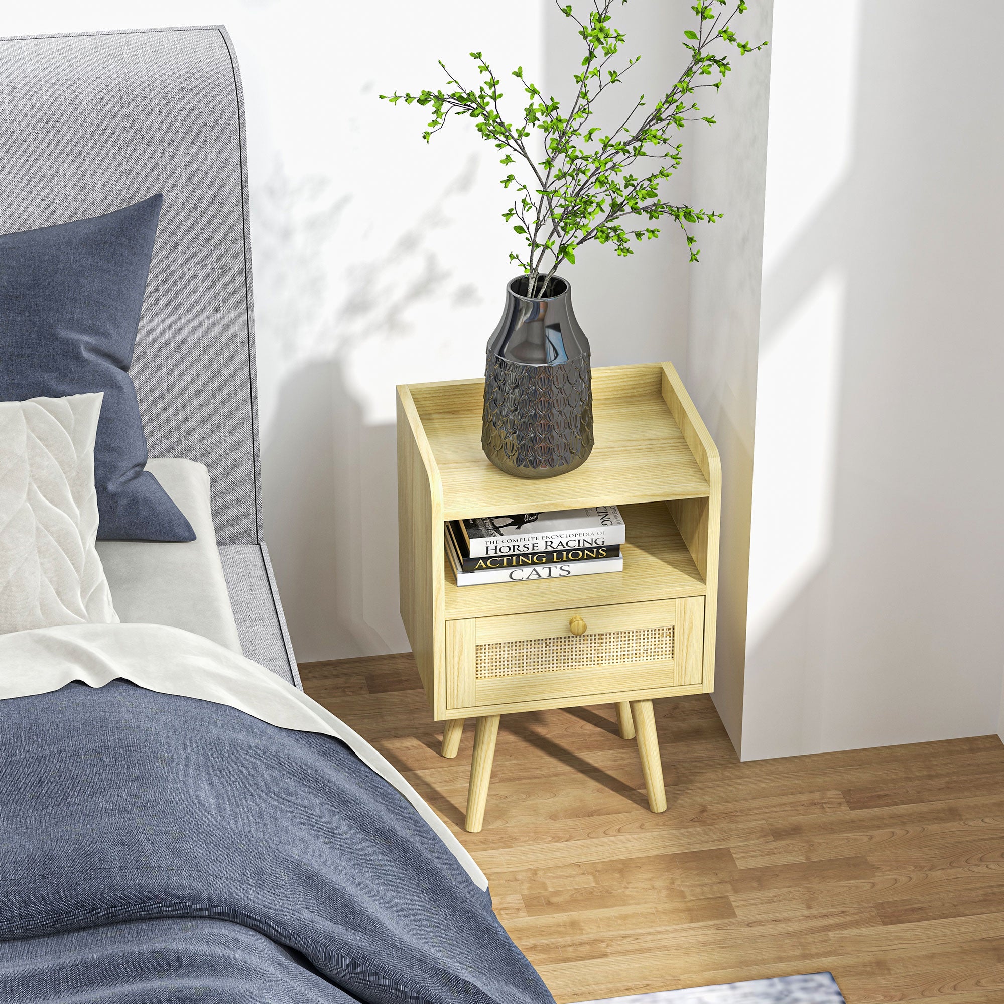 Set of 2 bedside tables nightstand with rattan effect drawer and open compartment, bedside table for bedroom, living room, 40 x 30 x 60 cm, natural wood effect