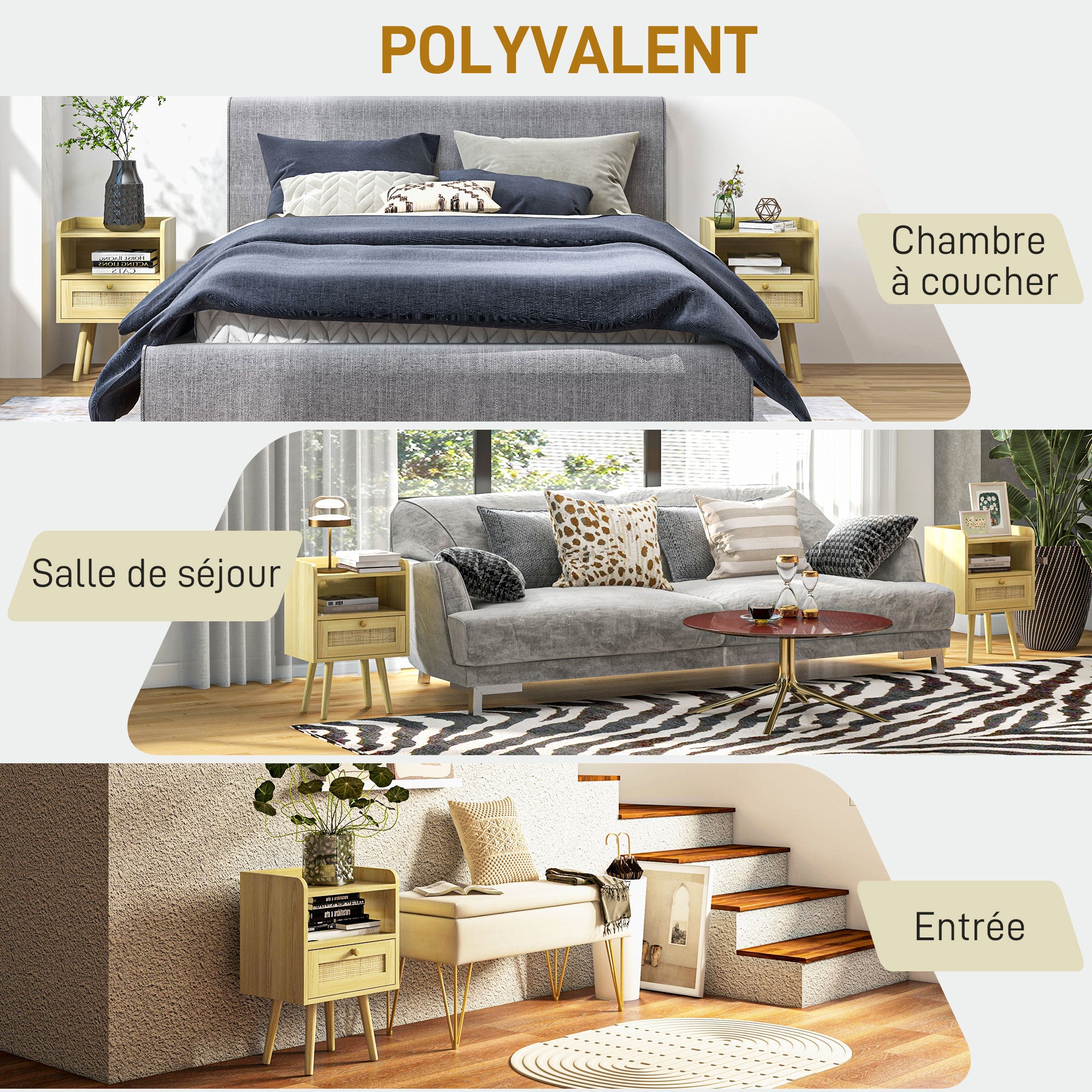 Set of 2 bedside tables nightstand with rattan effect drawer and open compartment, bedside table for bedroom, living room, 40 x 30 x 60 cm, natural wood effect