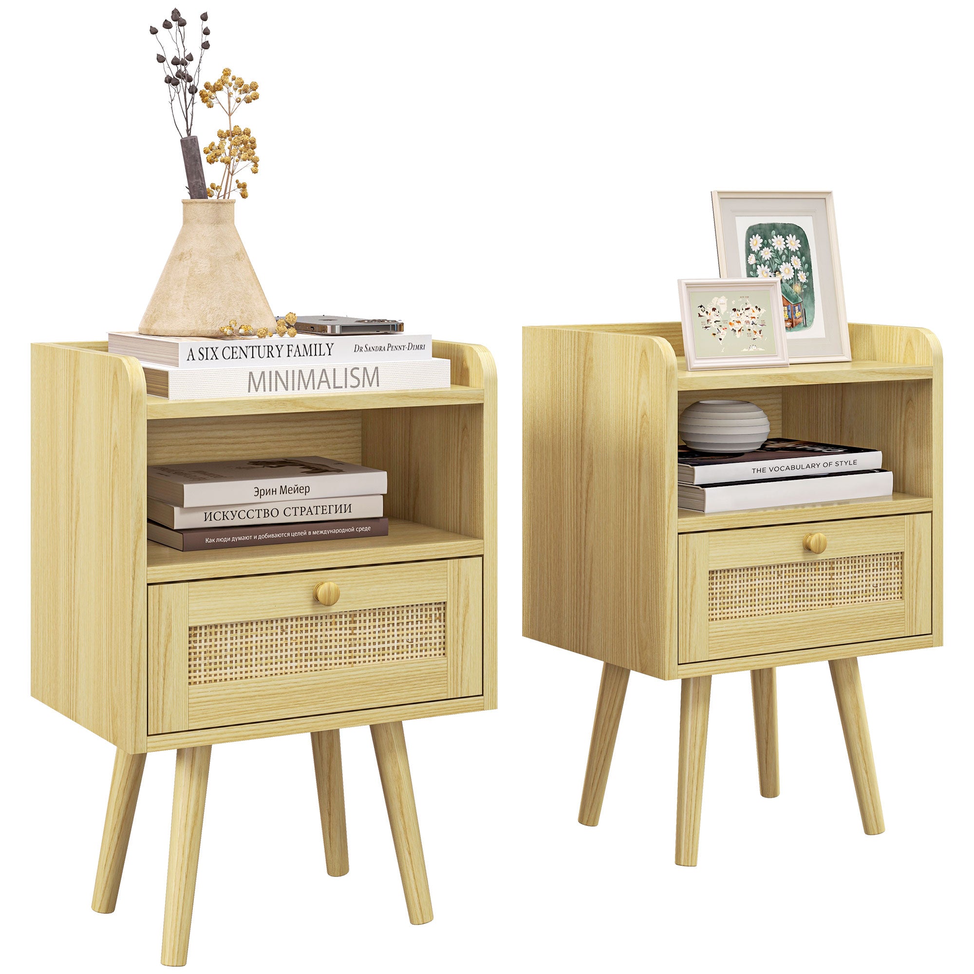 Set of 2 bedside tables nightstand with rattan effect drawer and open compartment, bedside table for bedroom, living room, 40 x 30 x 60 cm, natural wood effect